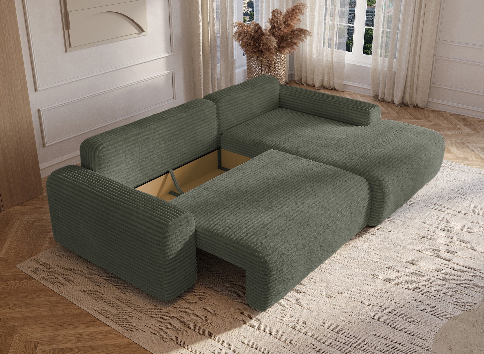 Sofá cama esquinero derecho BALI con almacenaje en pana gruesa verde caqui - Esquinero derecho