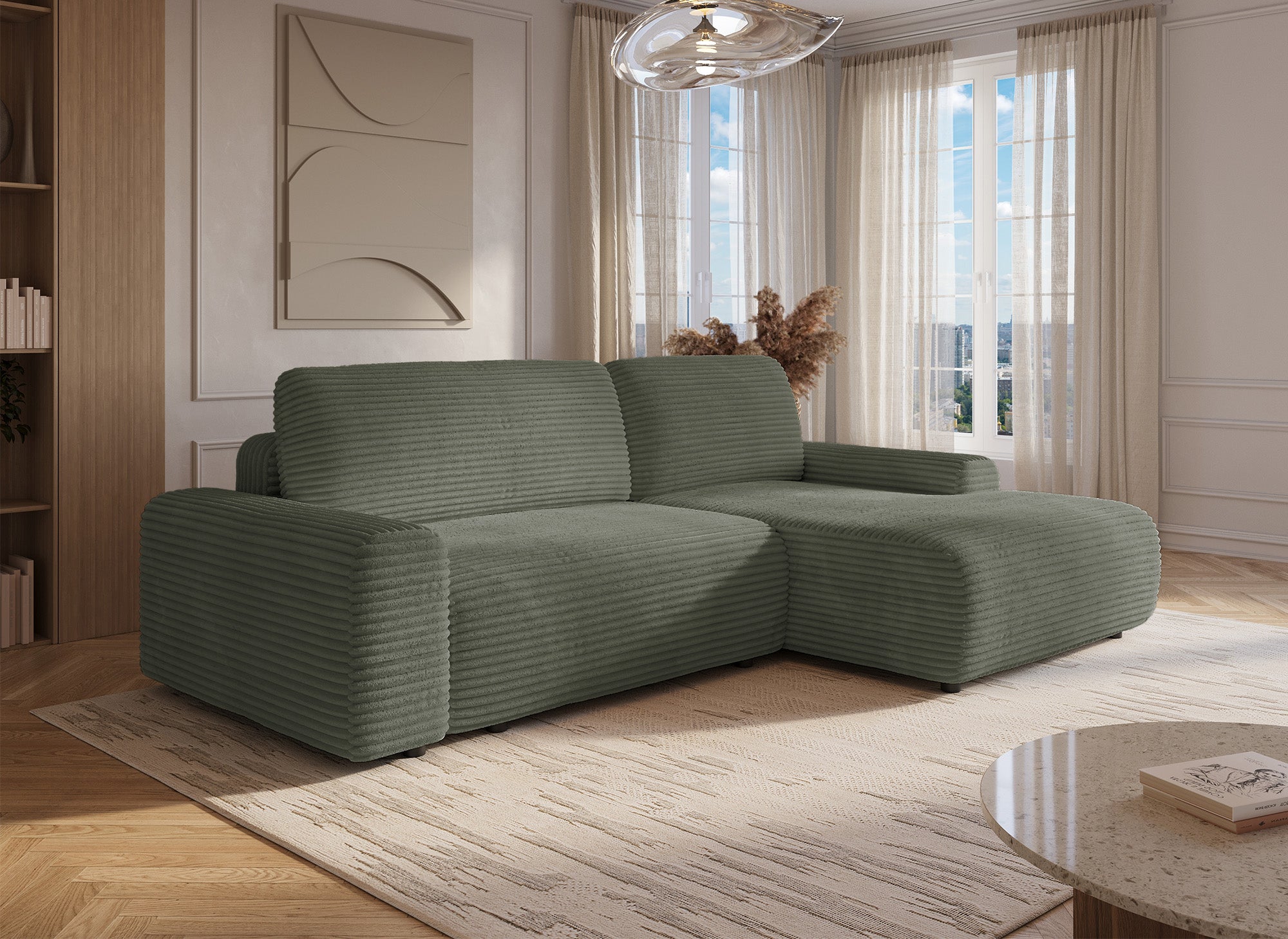 Sofá cama esquinero derecho BALI con almacenaje en pana gruesa verde caqui - Esquinero derecho