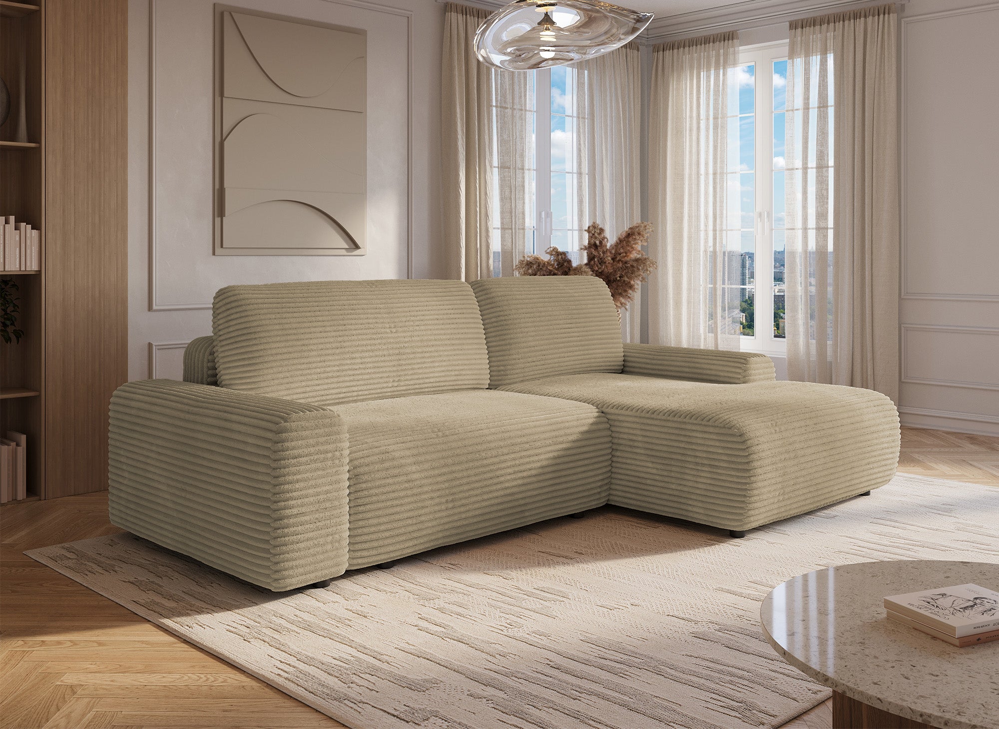 Sofá cama esquinero derecho BALI con almacenaje en pana gruesa color topo - Esquinero derecho