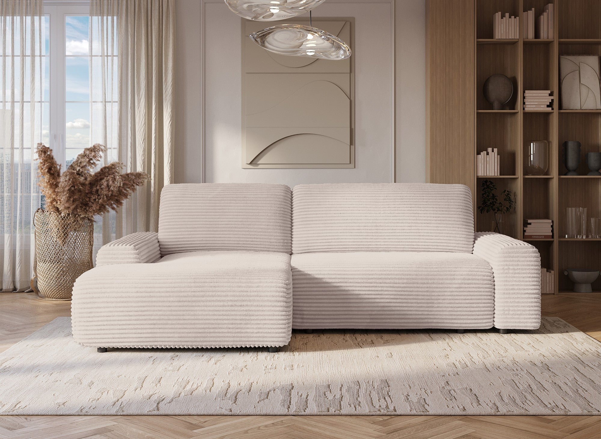 Sofá cama esquinero izquierdo BALI con almacenaje en pana beige gruesa - Esquinero izquierdo