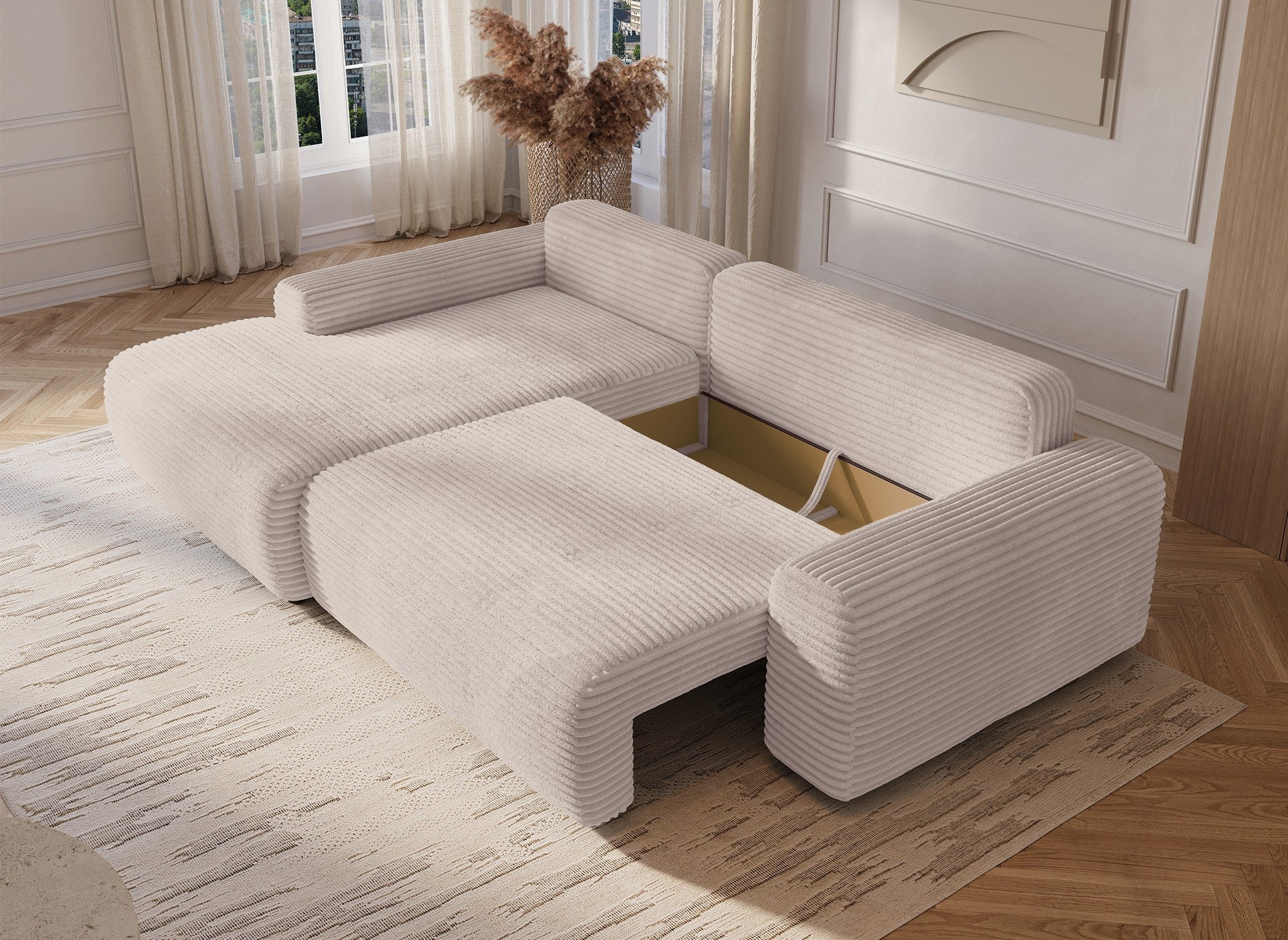 Sofá cama esquinero izquierdo BALI con almacenaje en pana beige gruesa - Esquinero izquierdo