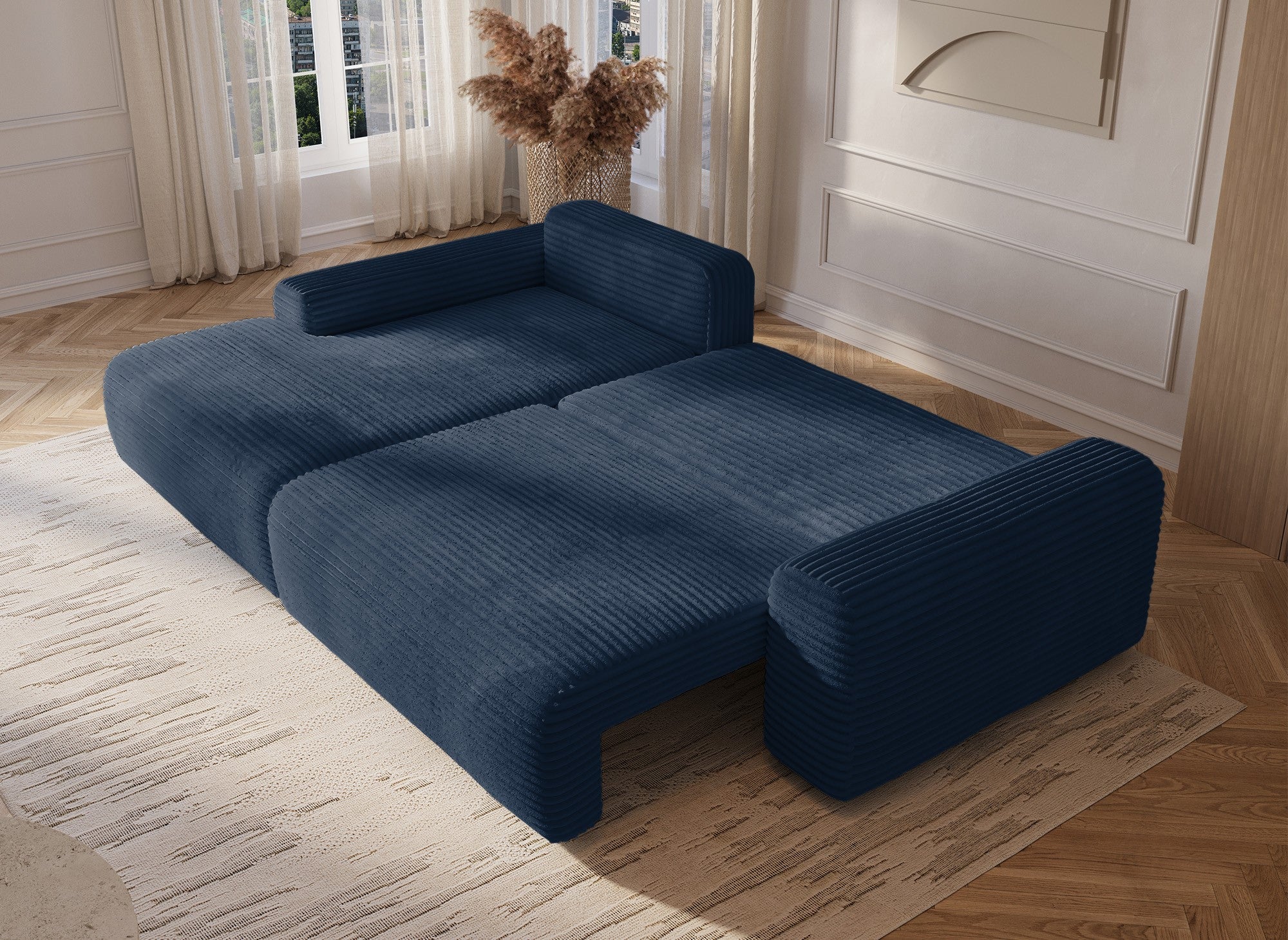 Sofá cama esquinero izquierdo BALI con almacenaje en pana azul oscuro gruesa - Esquinero izquierdo