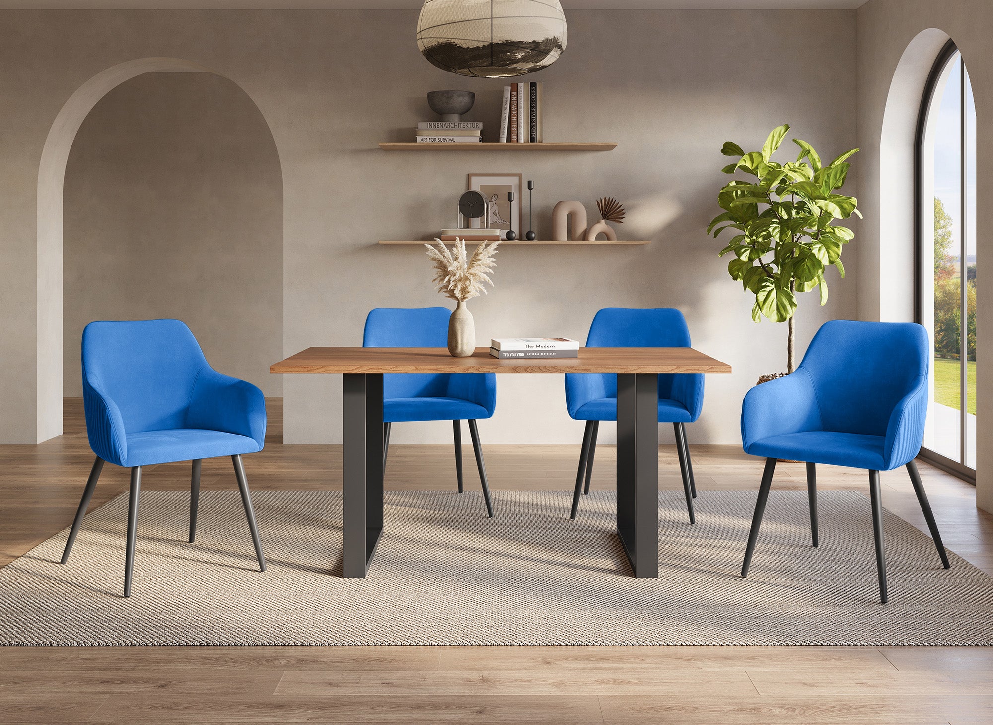 Juego de 2 sillas DEVOR de terciopelo azul con patas de metal negro