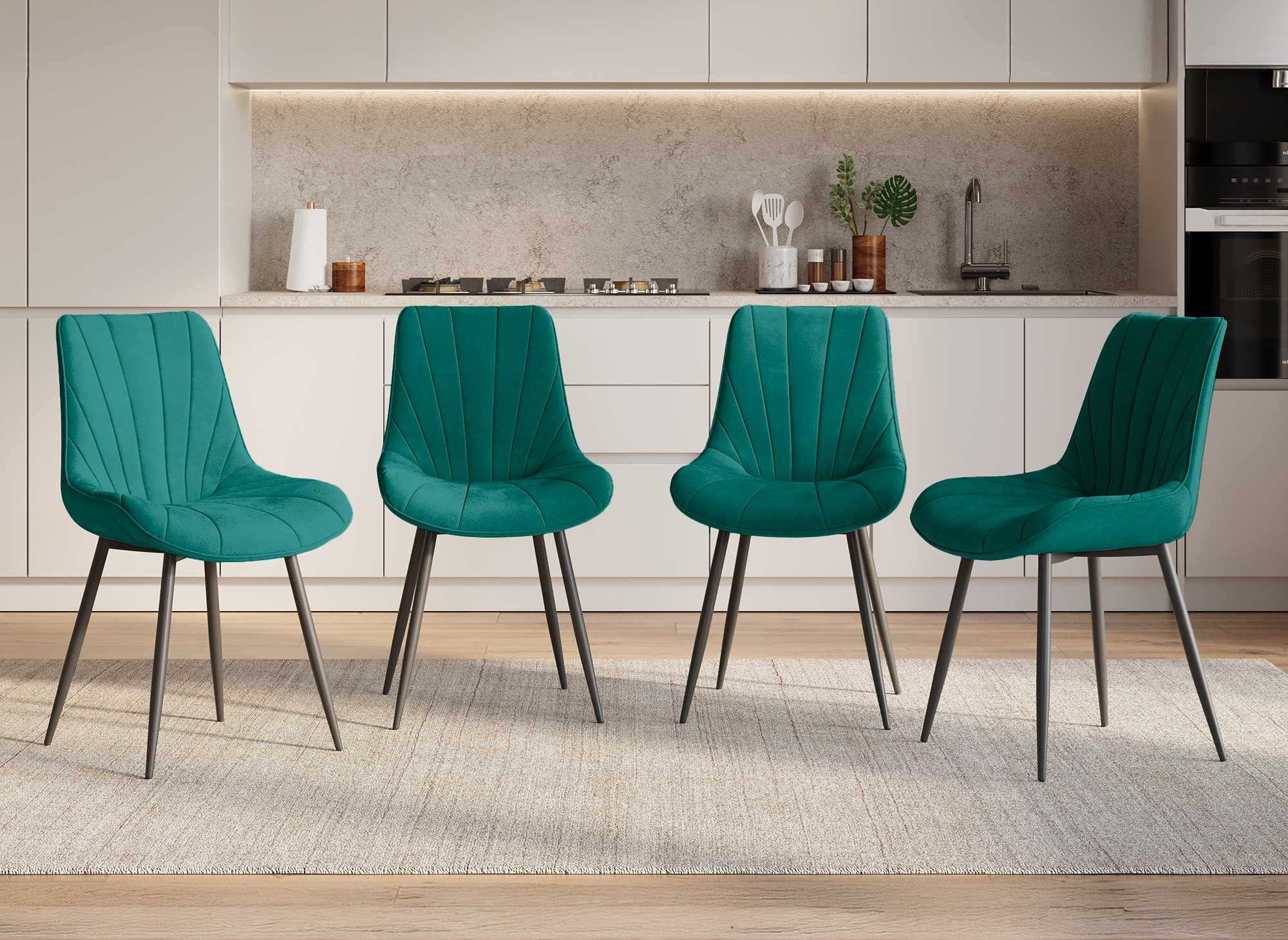 Conjunto de 4 sillas de diseño ELOVA en terciopelo verde