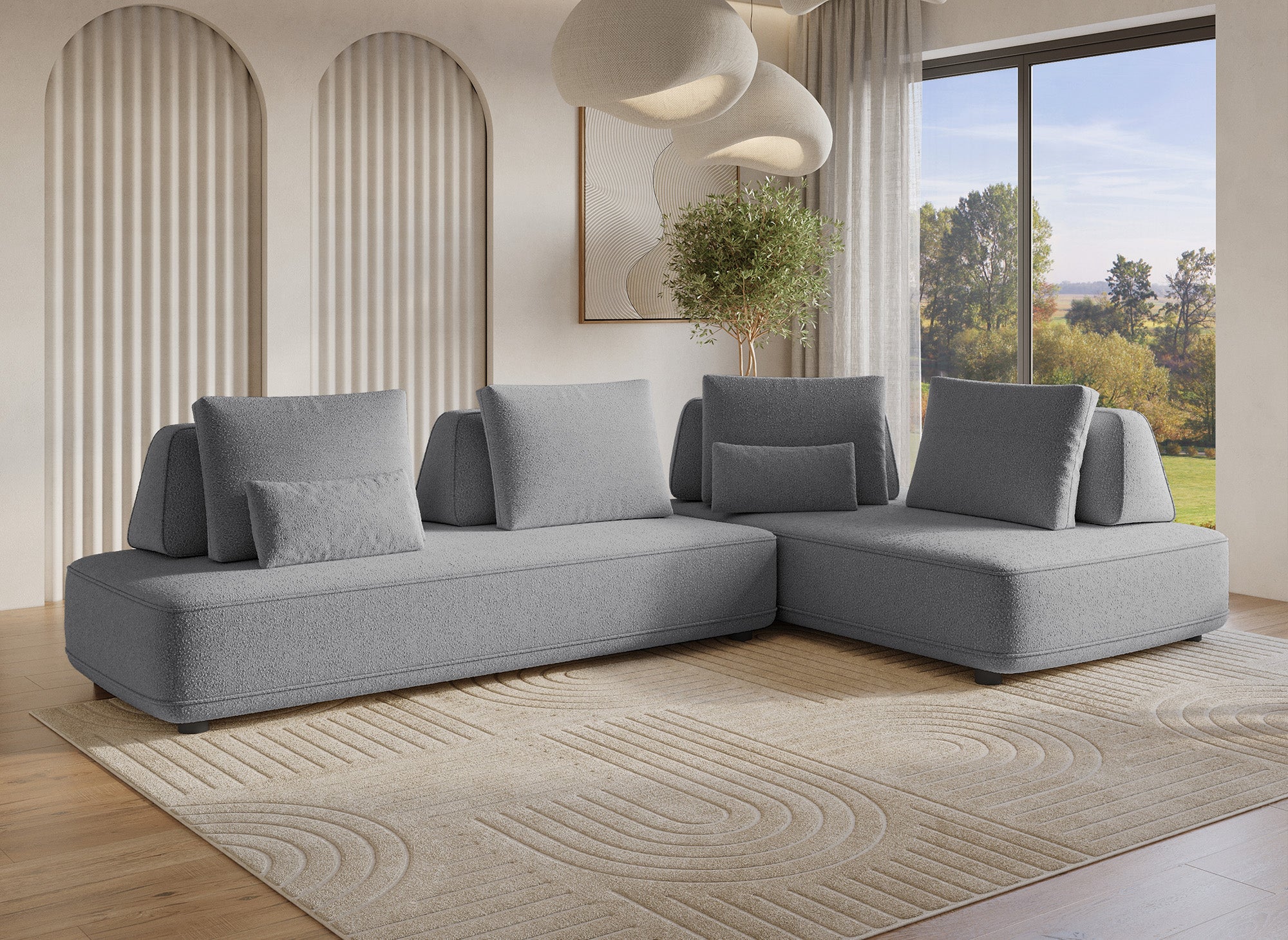 Sofá esquinero reversible ISAORA en tejido bouclé gris