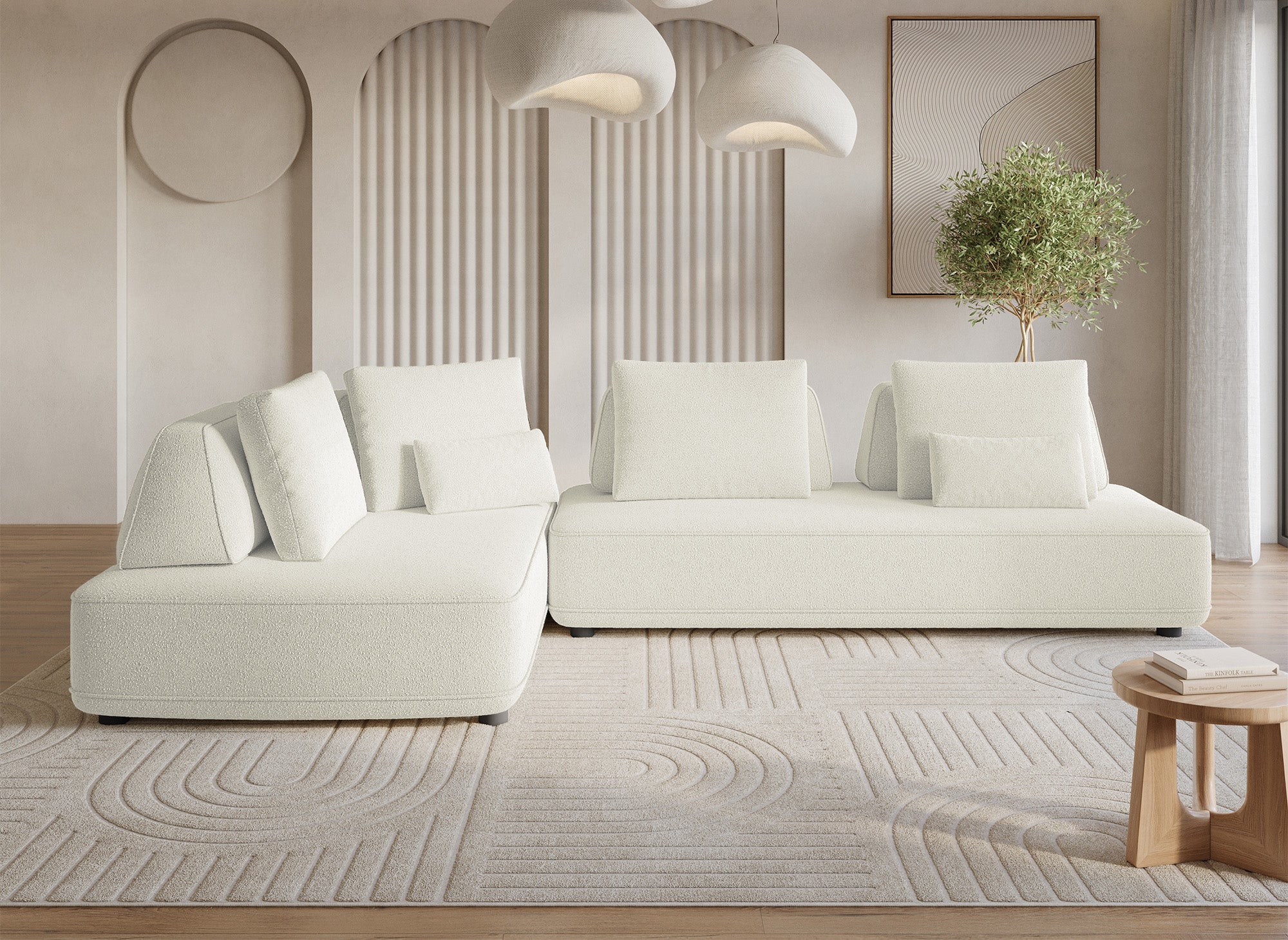 Sofá esquinero reversible ISAORA en tejido bouclé beige