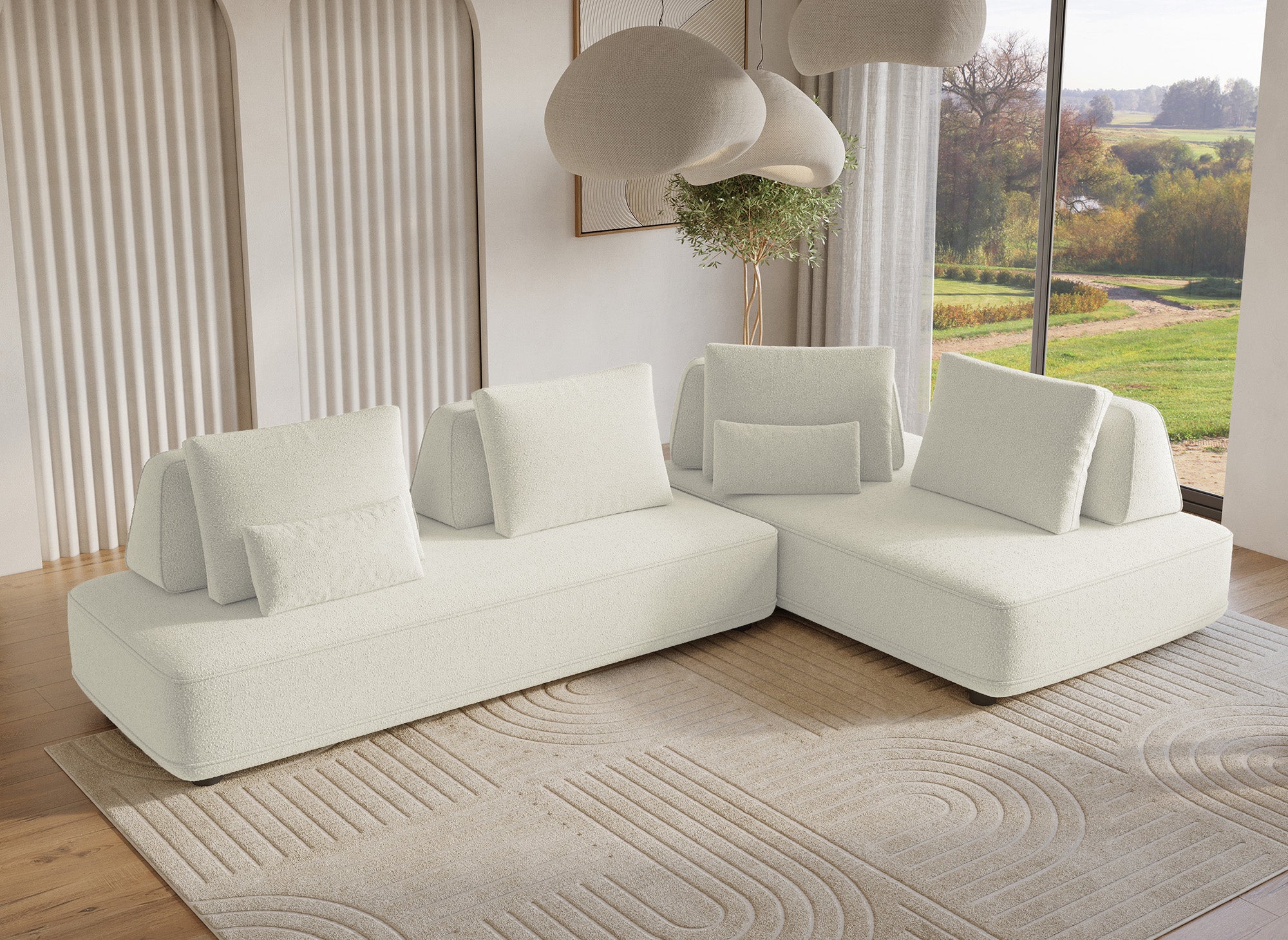 Sofá esquinero reversible ISAORA en tejido bouclé beige