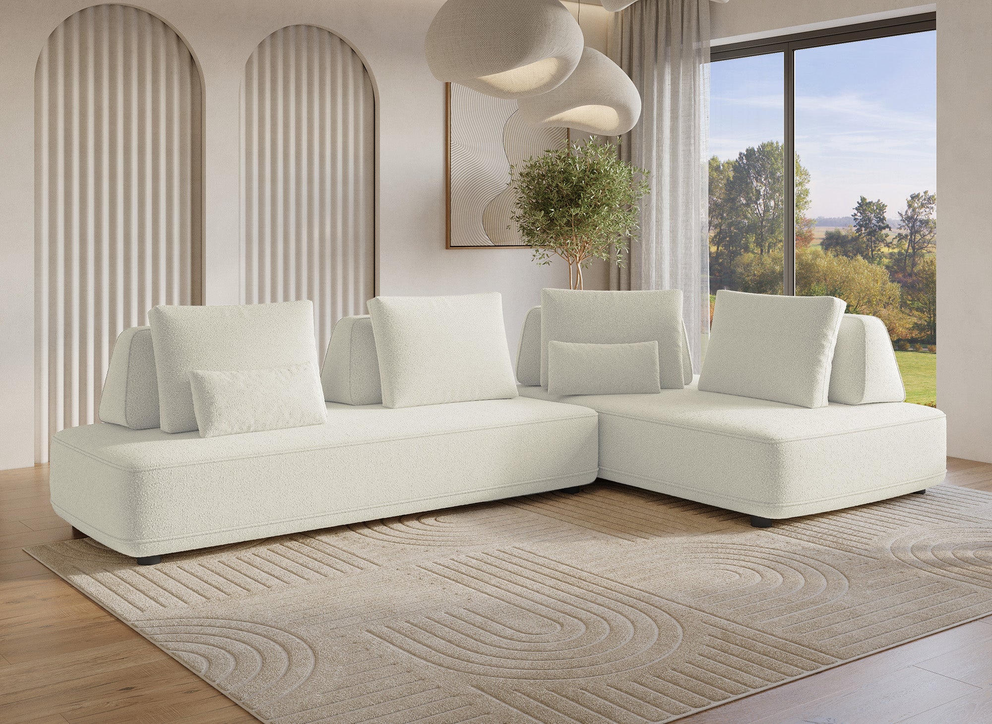 Sofá esquinero reversible ISAORA en tejido bouclé beige