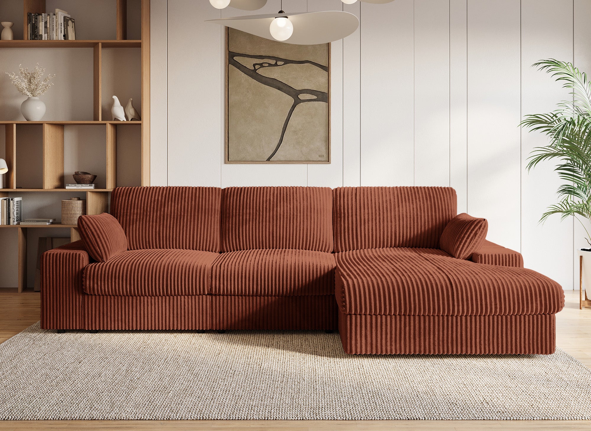 Sofá esquinero reversible SIRINA en suave piel gruesa acanalada color terracota