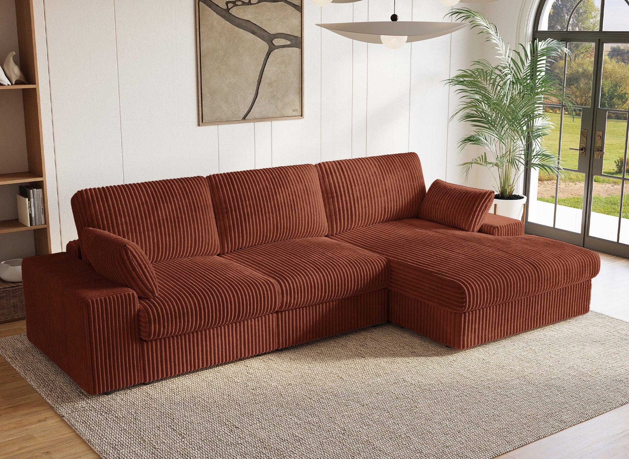 Sofá esquinero reversible SIRINA en suave piel gruesa acanalada color terracota