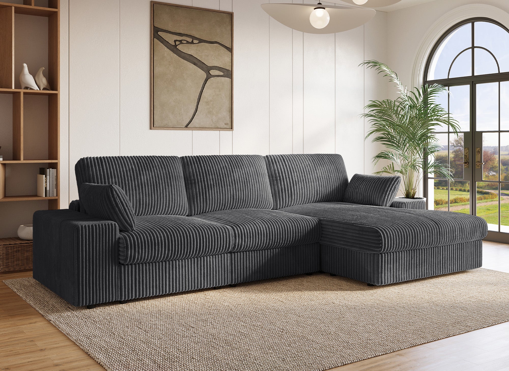 Sofá esquinero reversible SIRINA en suave tejido acanalado gris