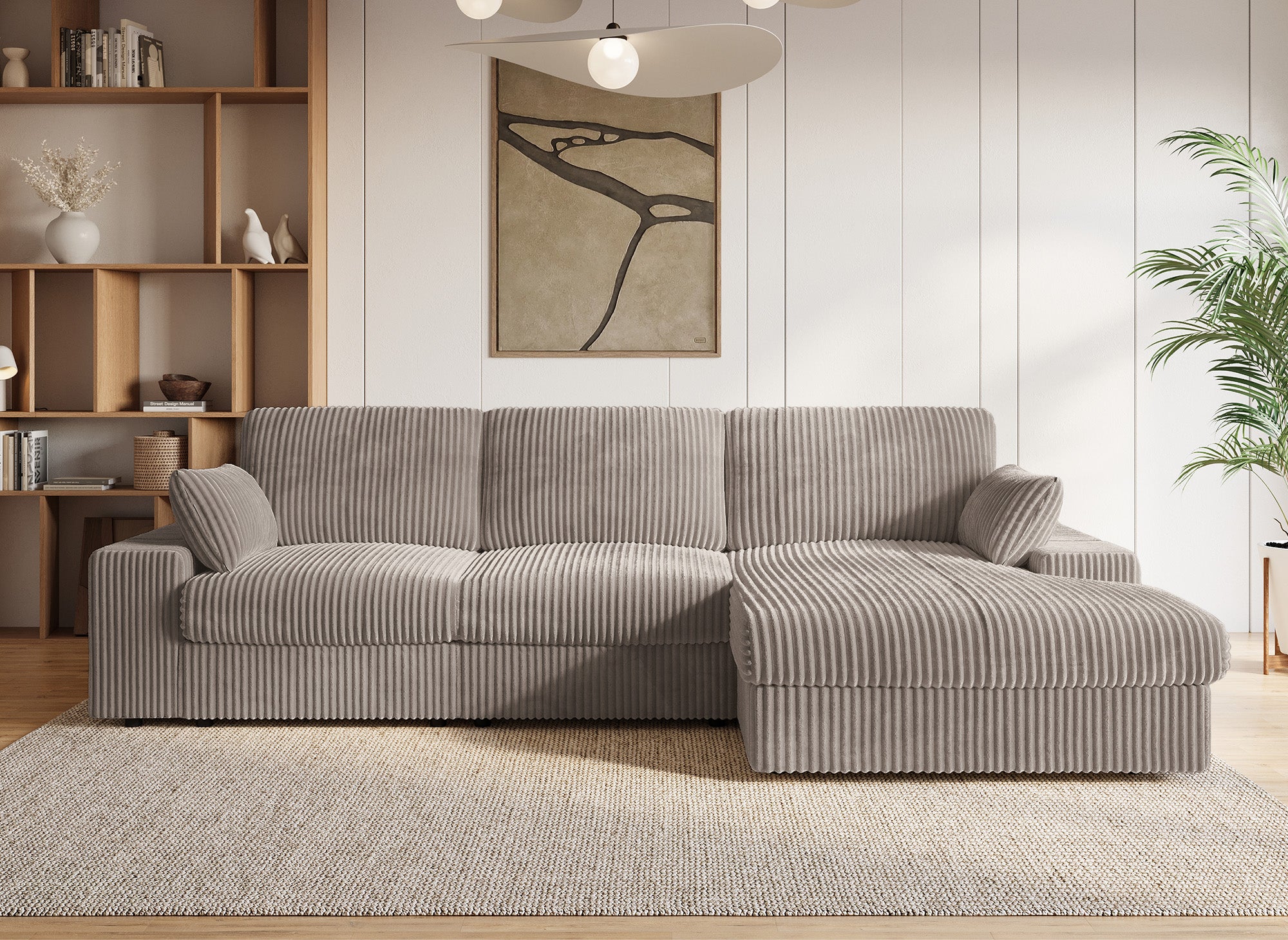 Sofá esquinero reversible SIRINA en suave tejido acanalado color topo