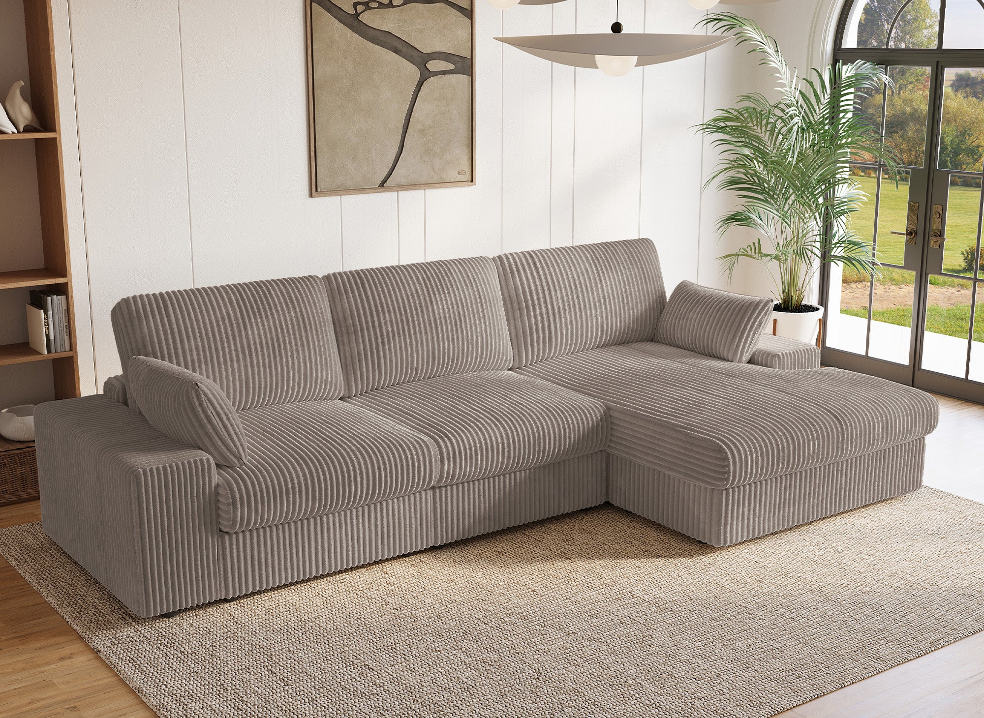 Sofá esquinero reversible SIRINA en suave tejido acanalado color topo
