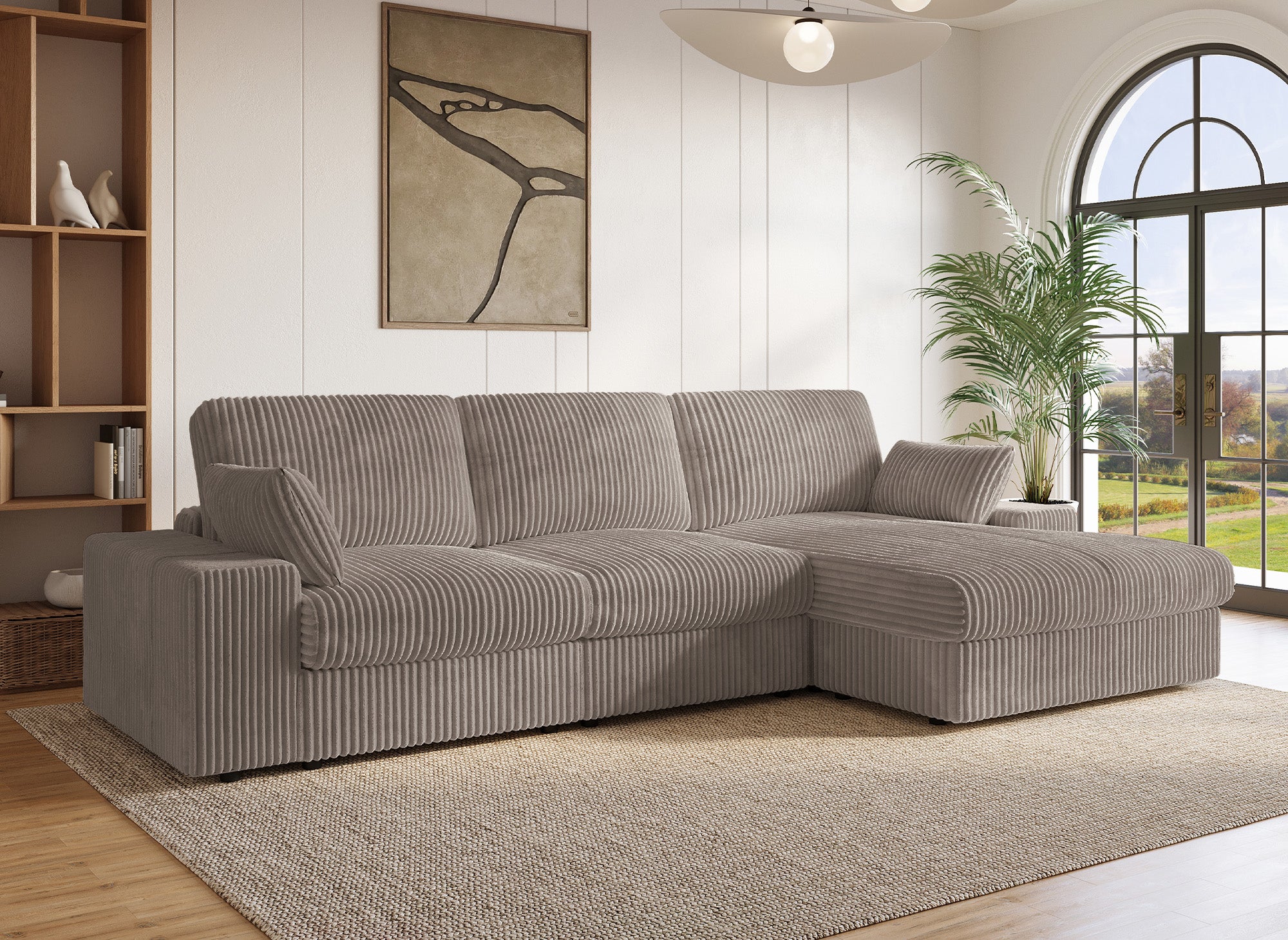 Sofá esquinero reversible SIRINA en suave tejido acanalado color topo