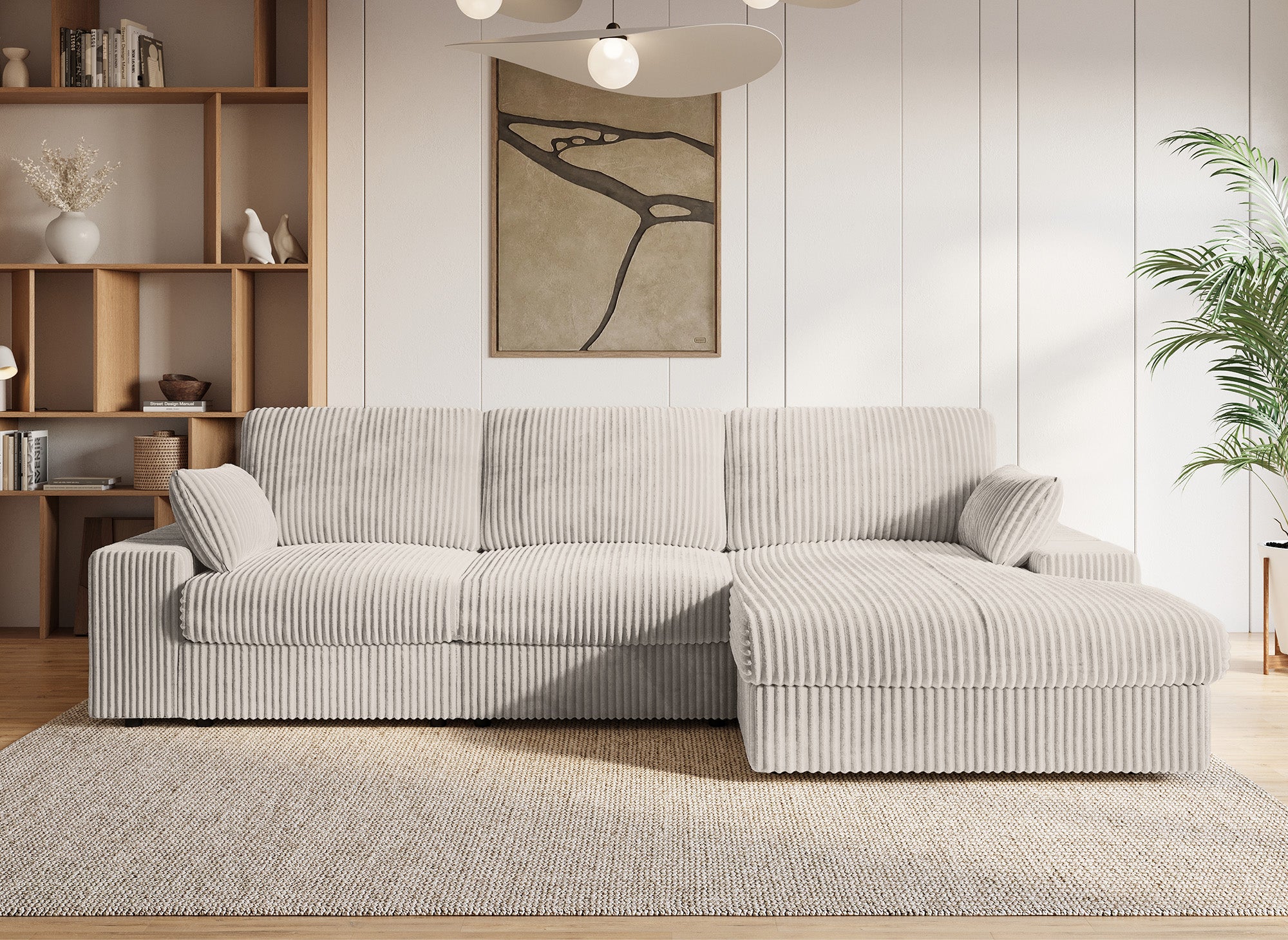 Sofá esquinero reversible SIRINA en suave tejido acanalado beige