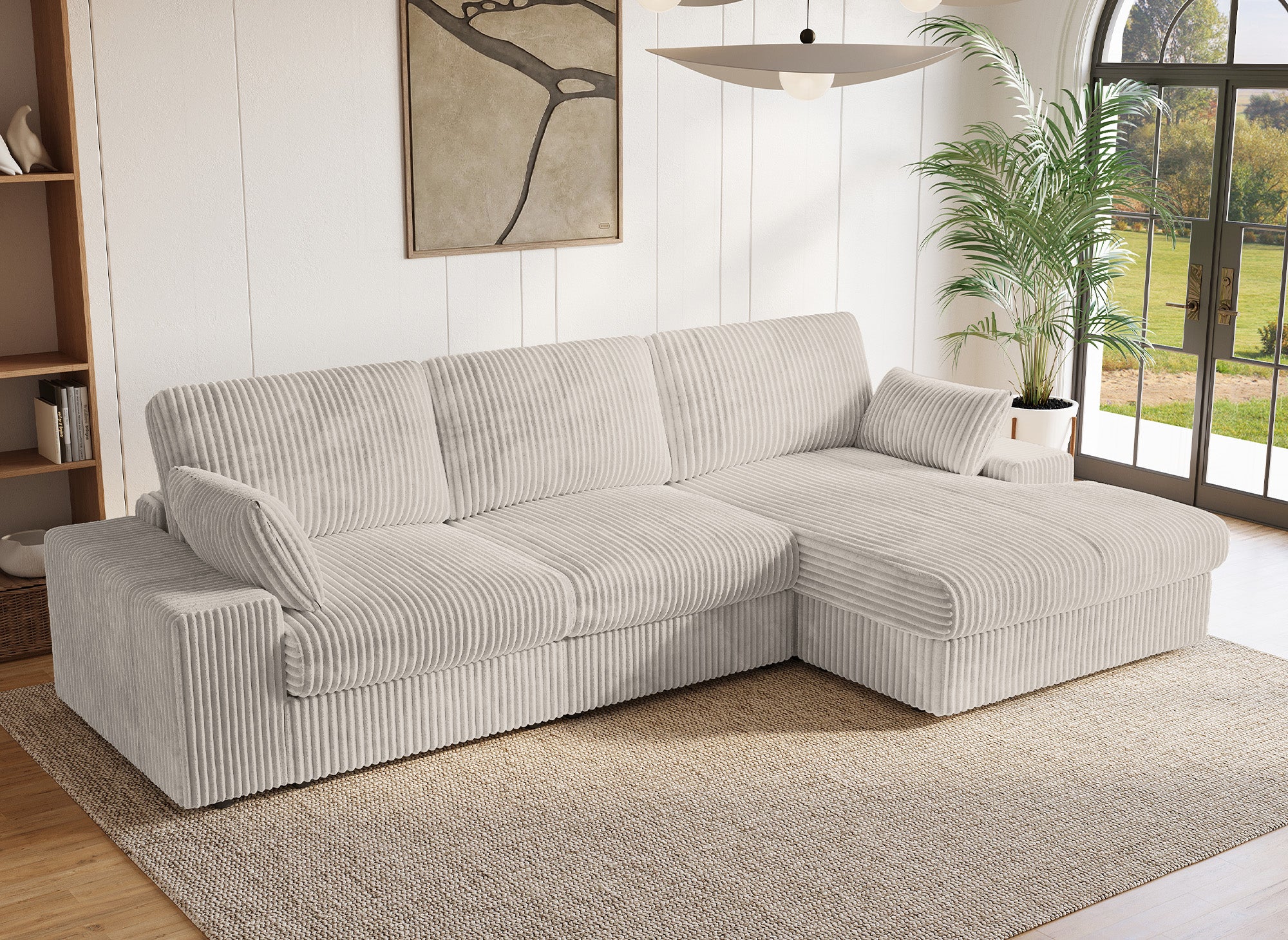 Sofá esquinero reversible SIRINA en suave tejido acanalado beige