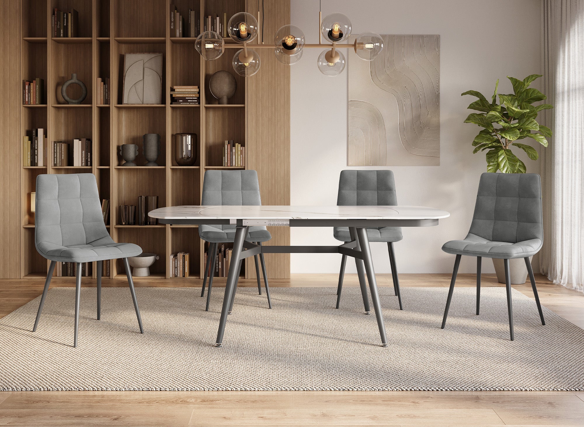 Juego de 4 sillas JEREMI tapizadas en terciopelo gris.