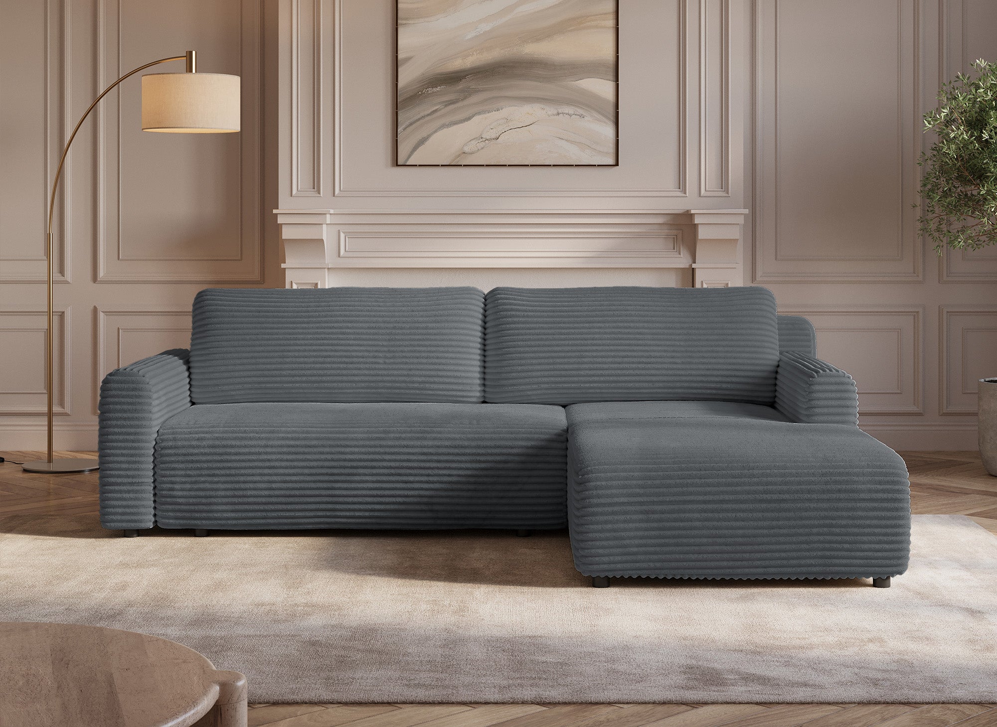 Sofá esquinero reversible y convertible KATIA con almacenaje en pana gruesa gris oscuro