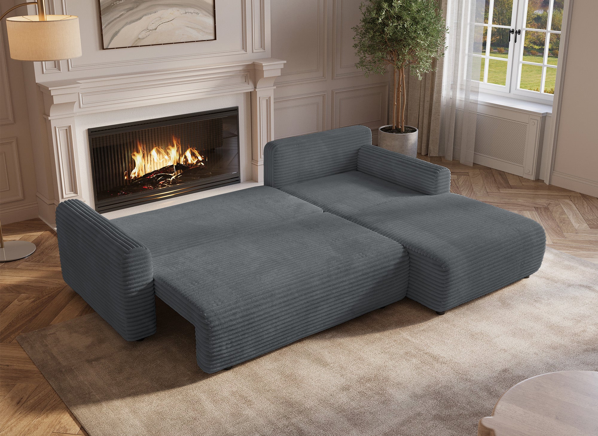 Sofá esquinero reversible y convertible KATIA con almacenaje en pana gruesa gris oscuro