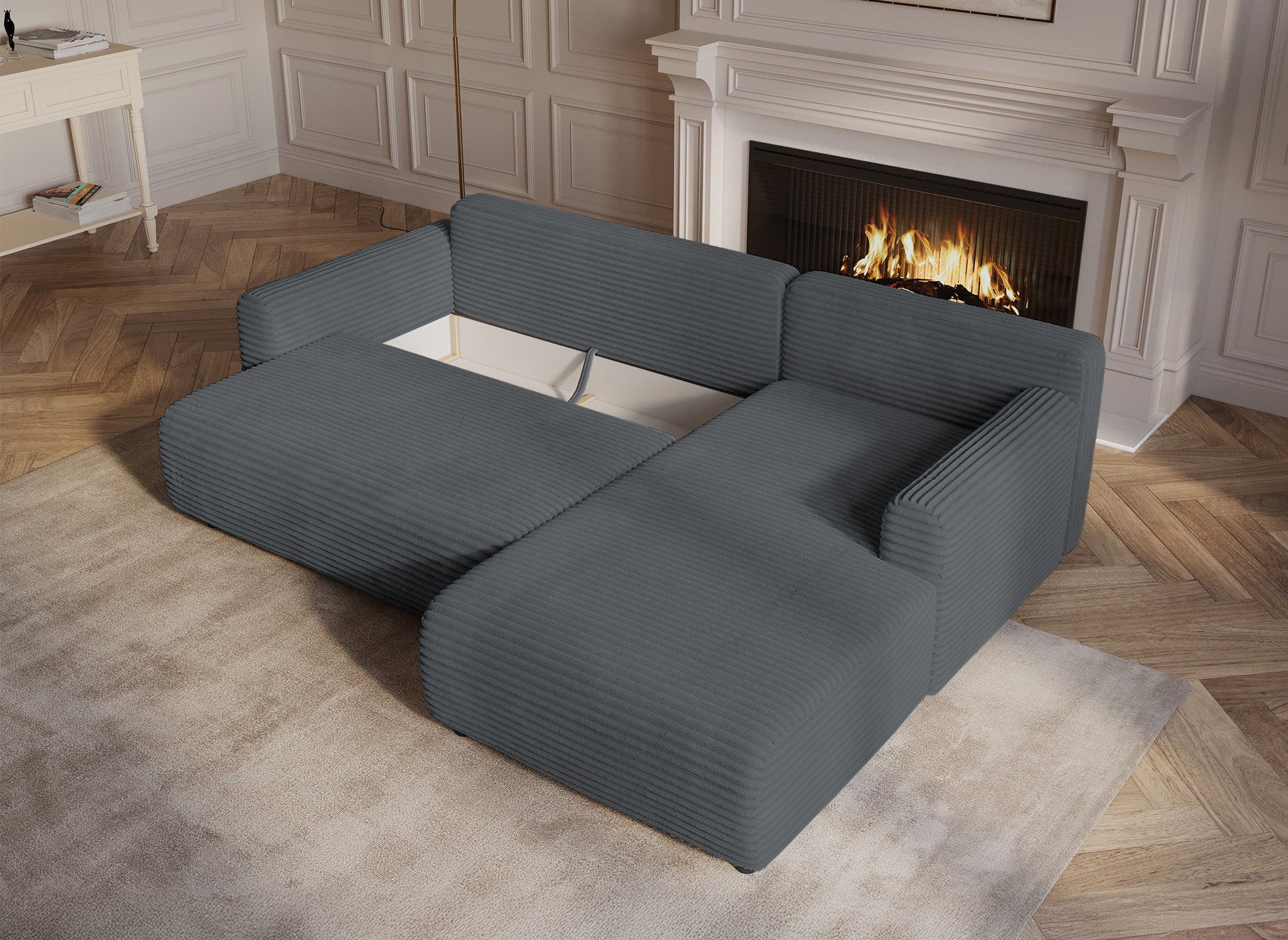 Sofá esquinero reversible y convertible KATIA con almacenaje en pana gruesa gris oscuro