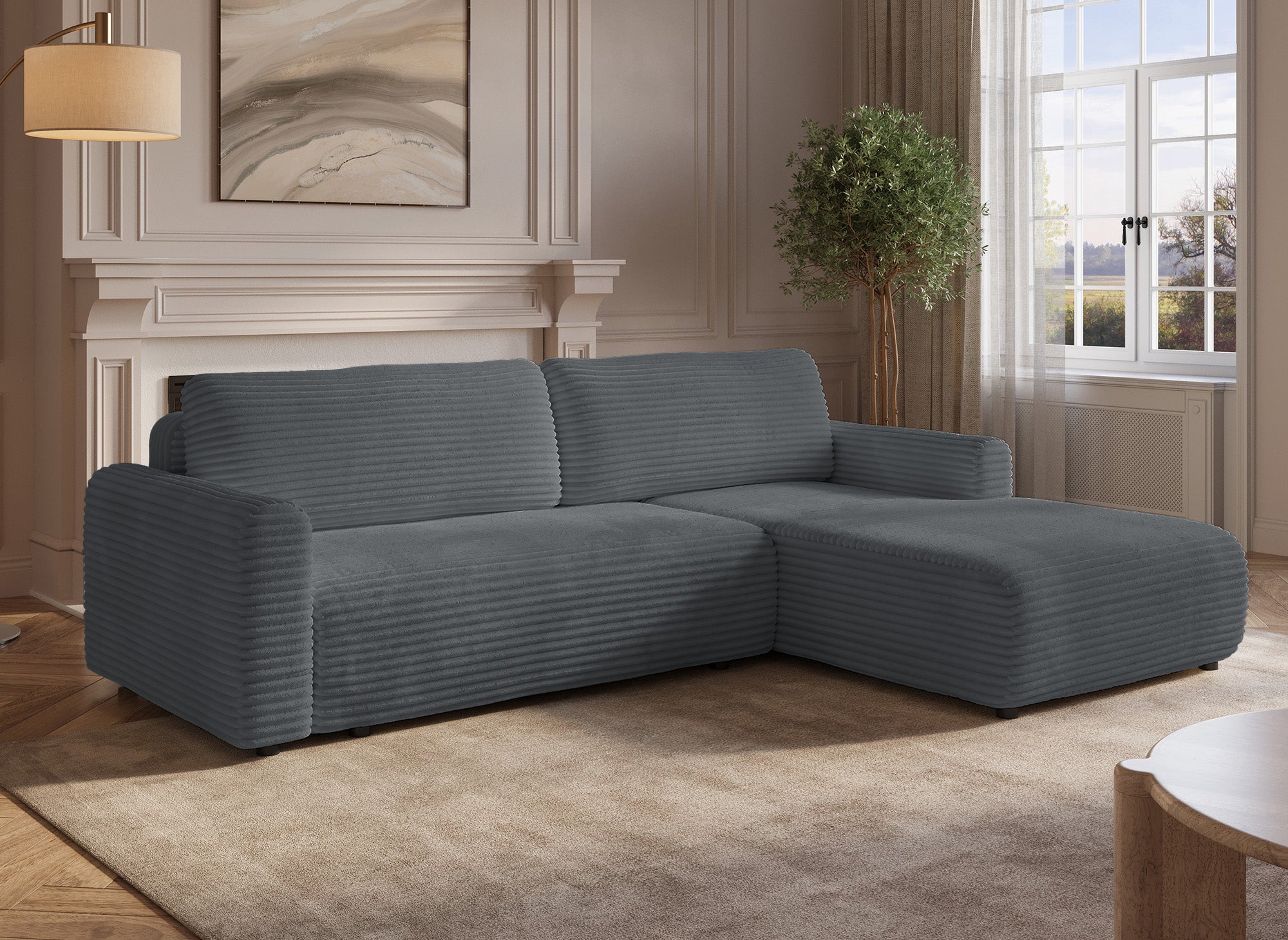 Sofá esquinero reversible y convertible KATIA con almacenaje en pana gruesa gris oscuro