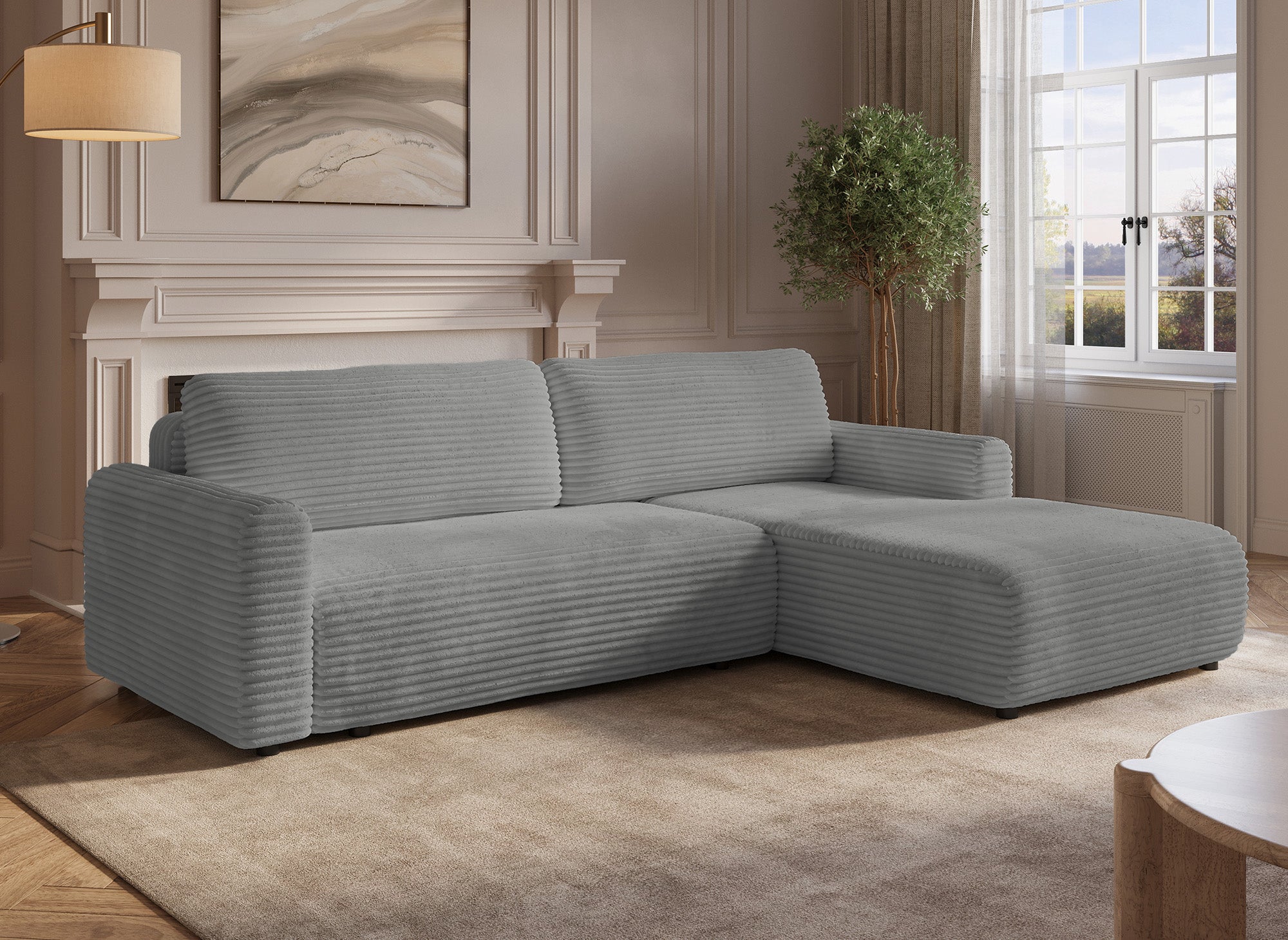 Sofá esquinero reversible y convertible KATIA con almacenaje en pana gruesa gris claro