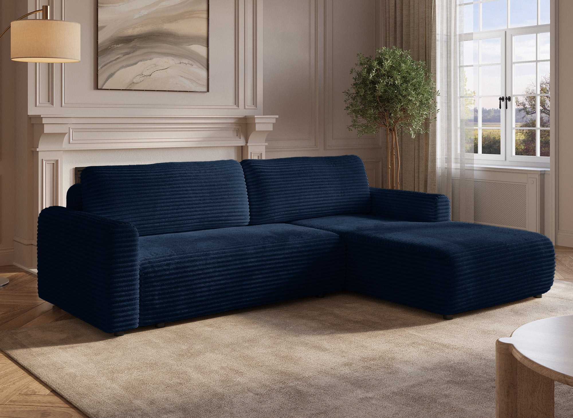 Sofá esquinero reversible y convertible KATIA con almacenaje en pana gruesa azul oscuro