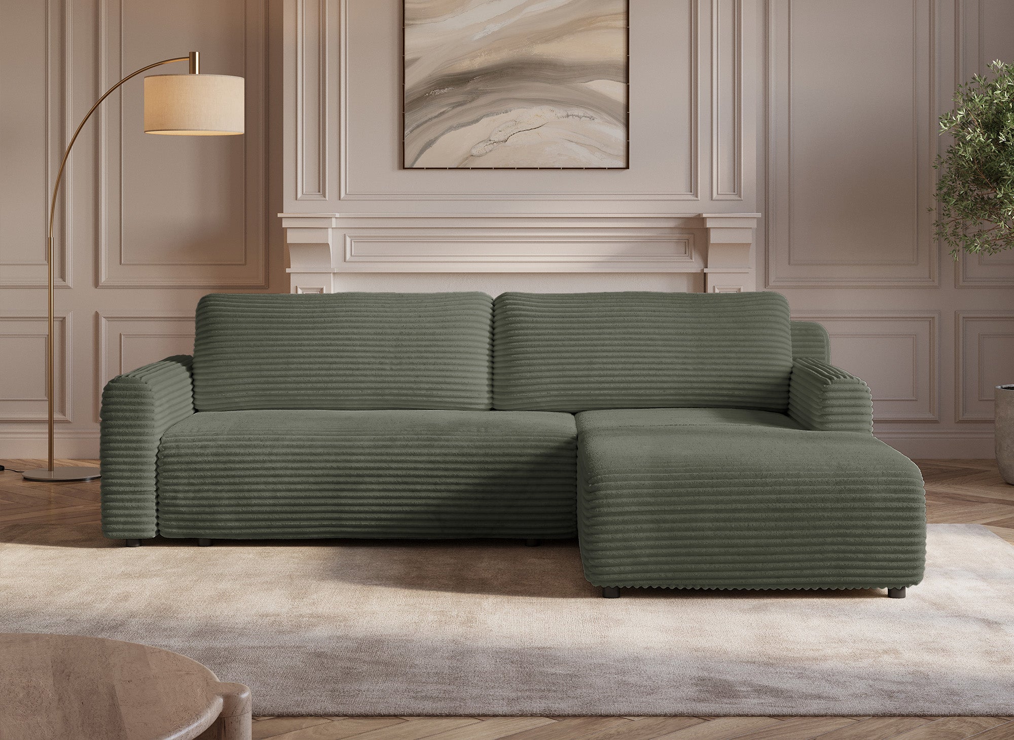 Sofá esquinero reversible y convertible KATIA con almacenaje en pana gruesa verde caqui.