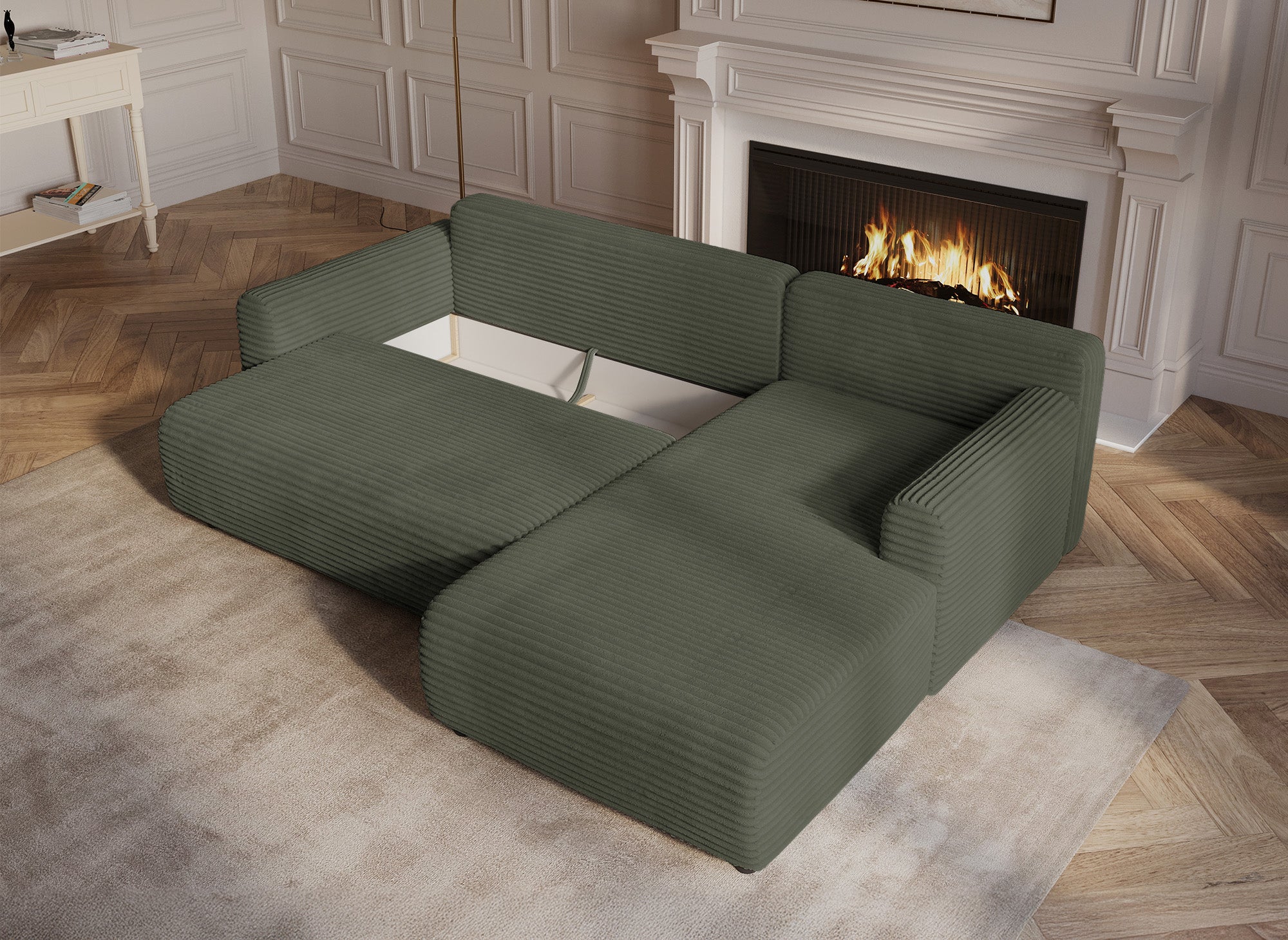 Sofá esquinero reversible y convertible KATIA con almacenaje en pana gruesa verde caqui.