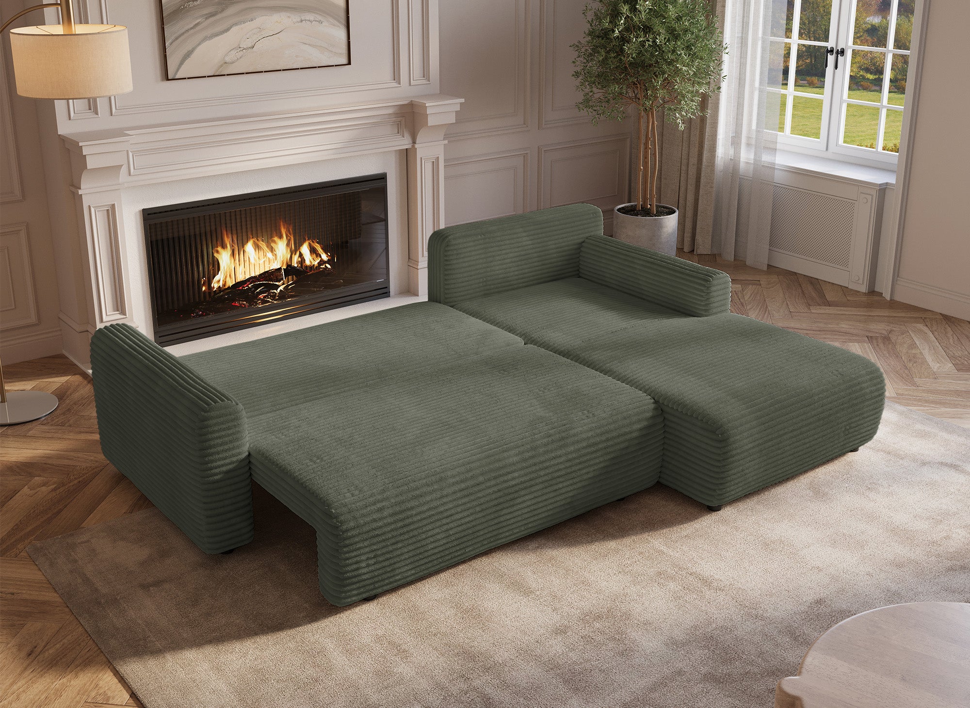 Sofá esquinero reversible y convertible KATIA con almacenaje en pana gruesa verde caqui.