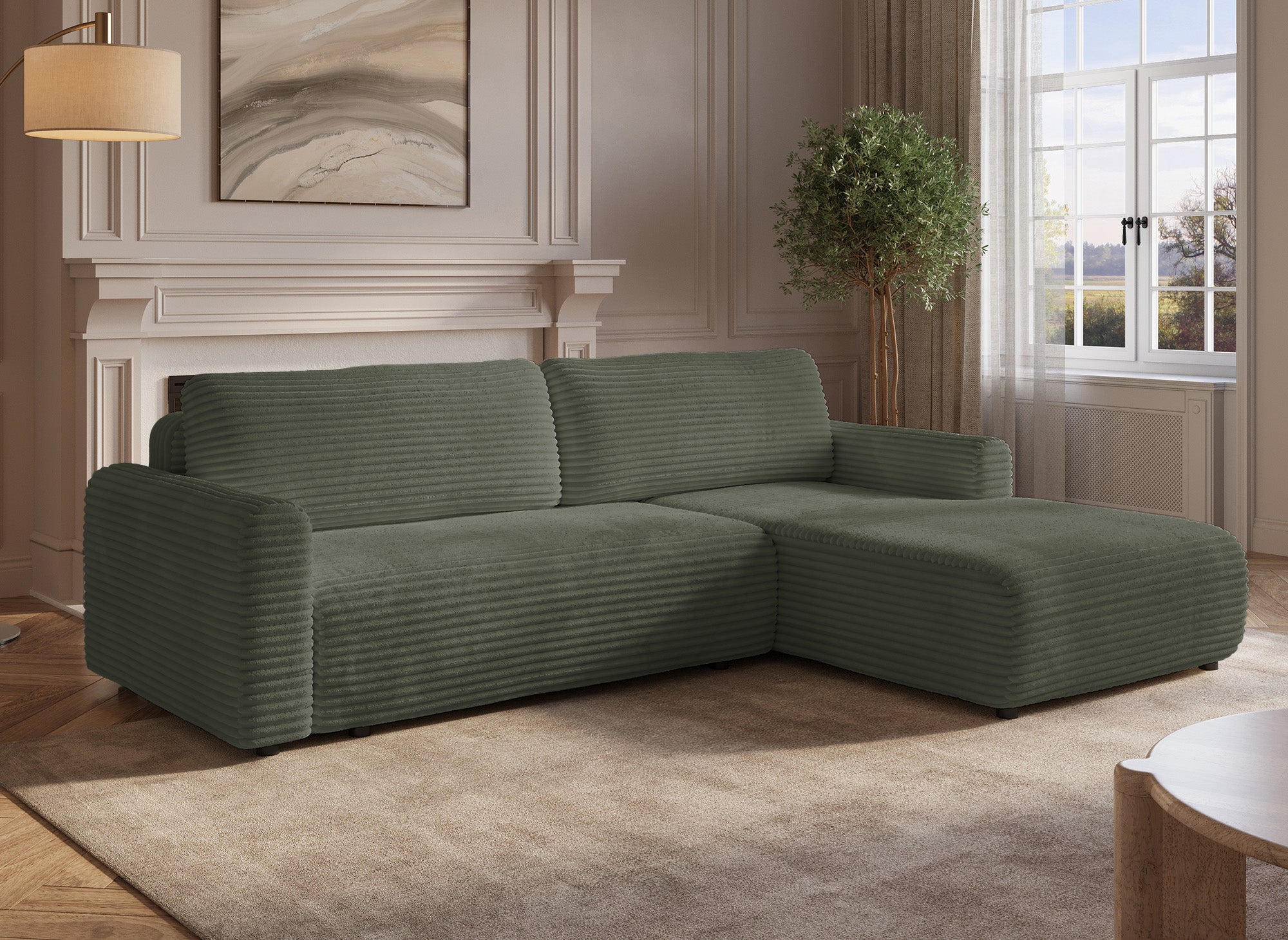 Sofá esquinero reversible y convertible KATIA con almacenaje en pana gruesa verde caqui.