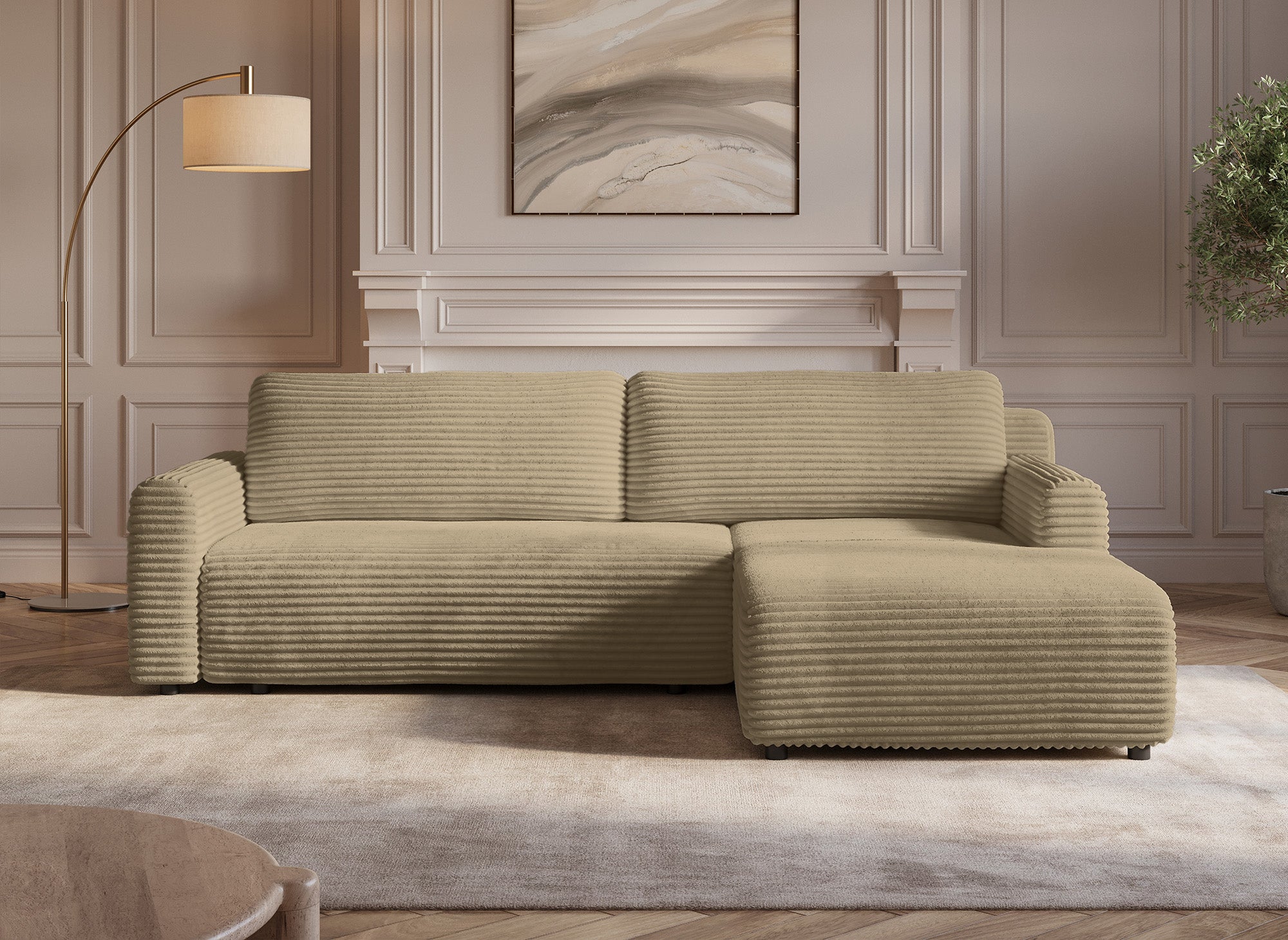 Sofá esquinero reversible y convertible KATIA con almacenaje en pana gruesa color topo