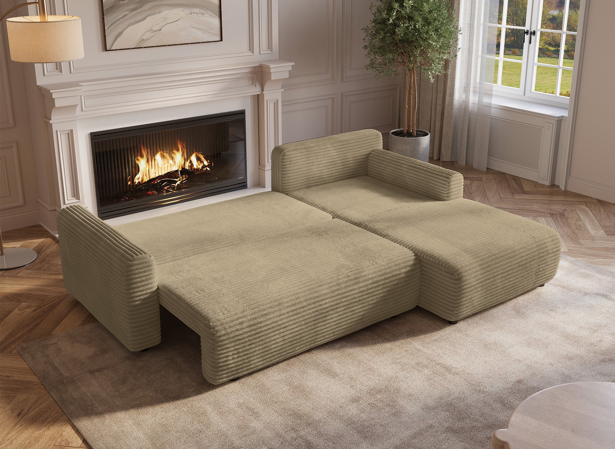 Sofá esquinero reversible y convertible KATIA con almacenaje en pana gruesa color topo