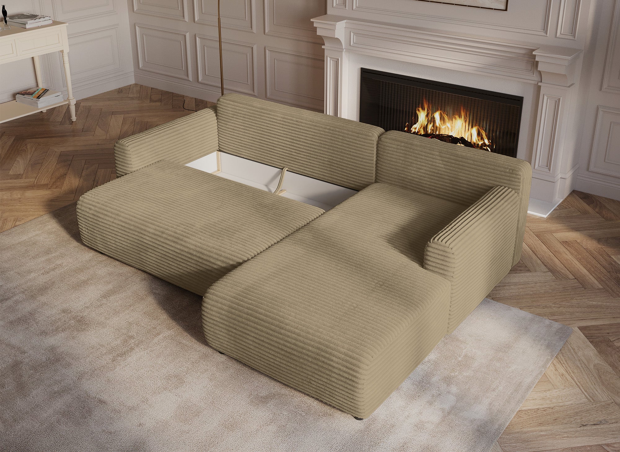 Sofá esquinero reversible y convertible KATIA con almacenaje en pana gruesa color topo