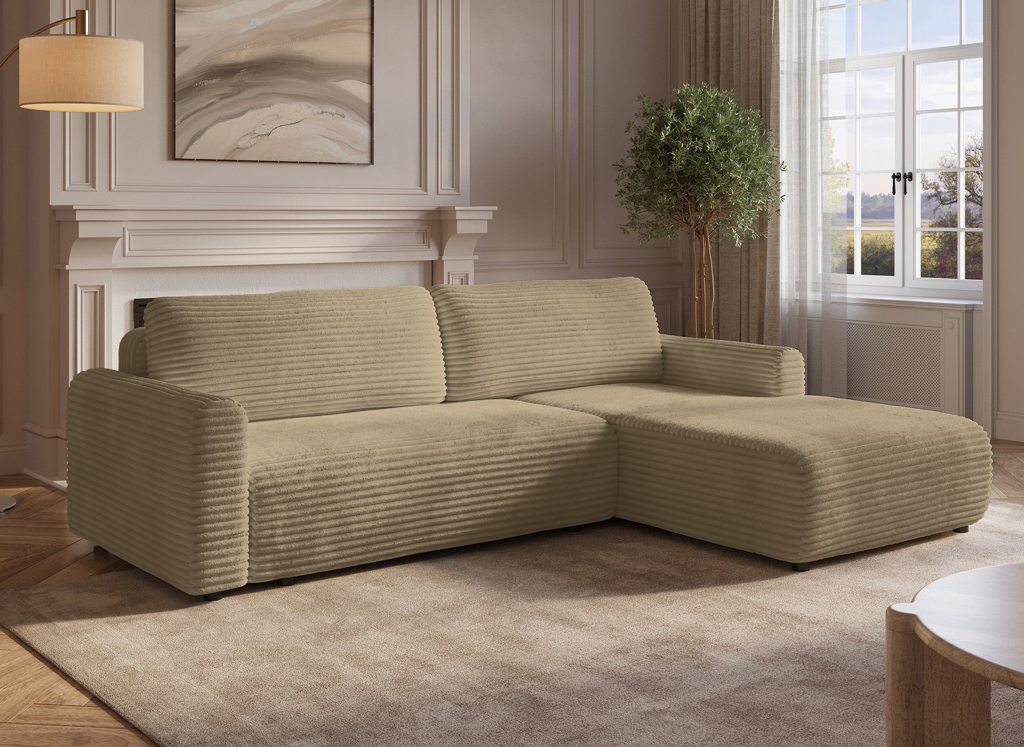 Sofá esquinero reversible y convertible KATIA con almacenaje en pana gruesa color topo