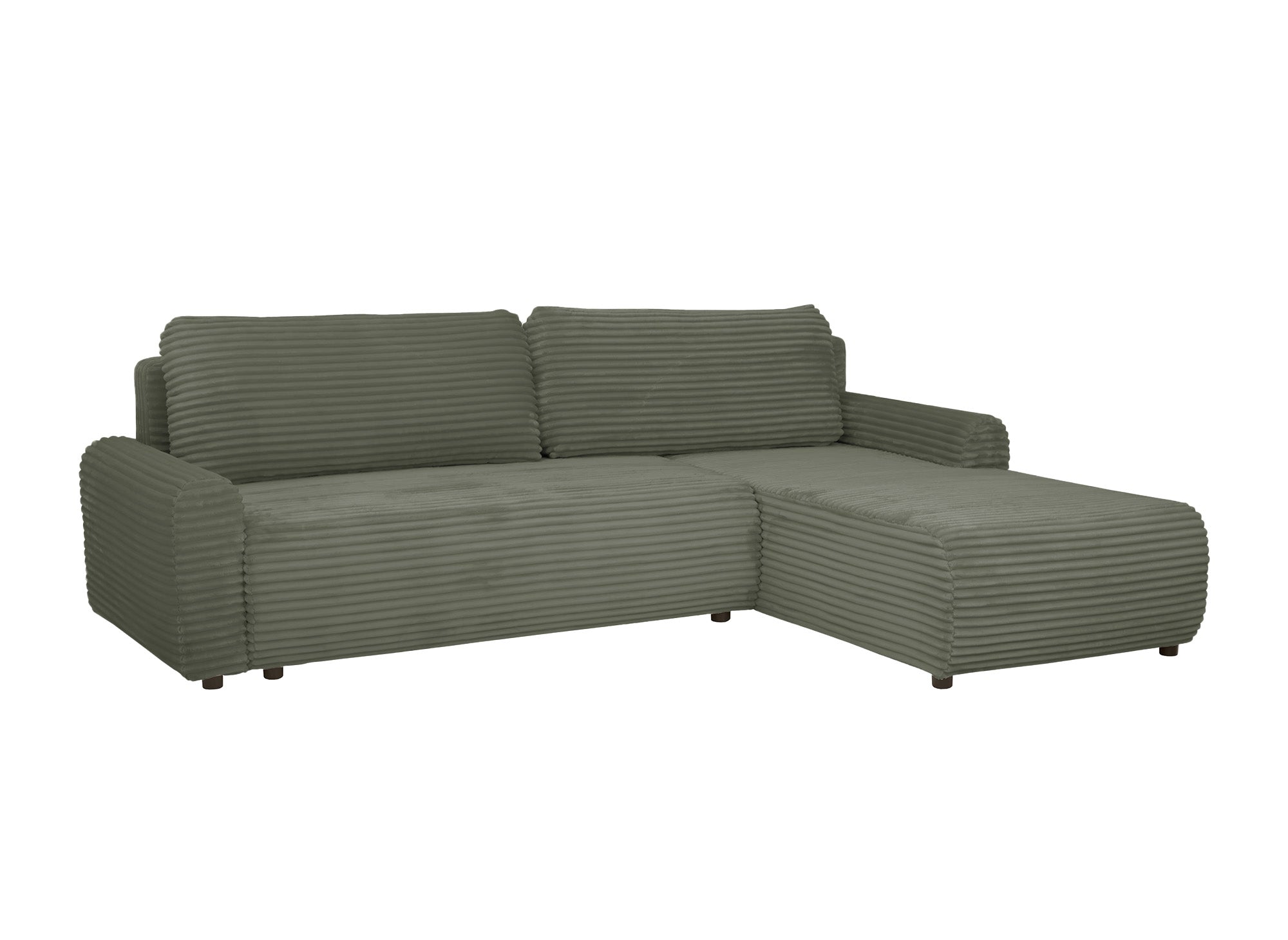 Sofá esquinero reversible y convertible KATIA con almacenaje en pana gruesa verde caqui.