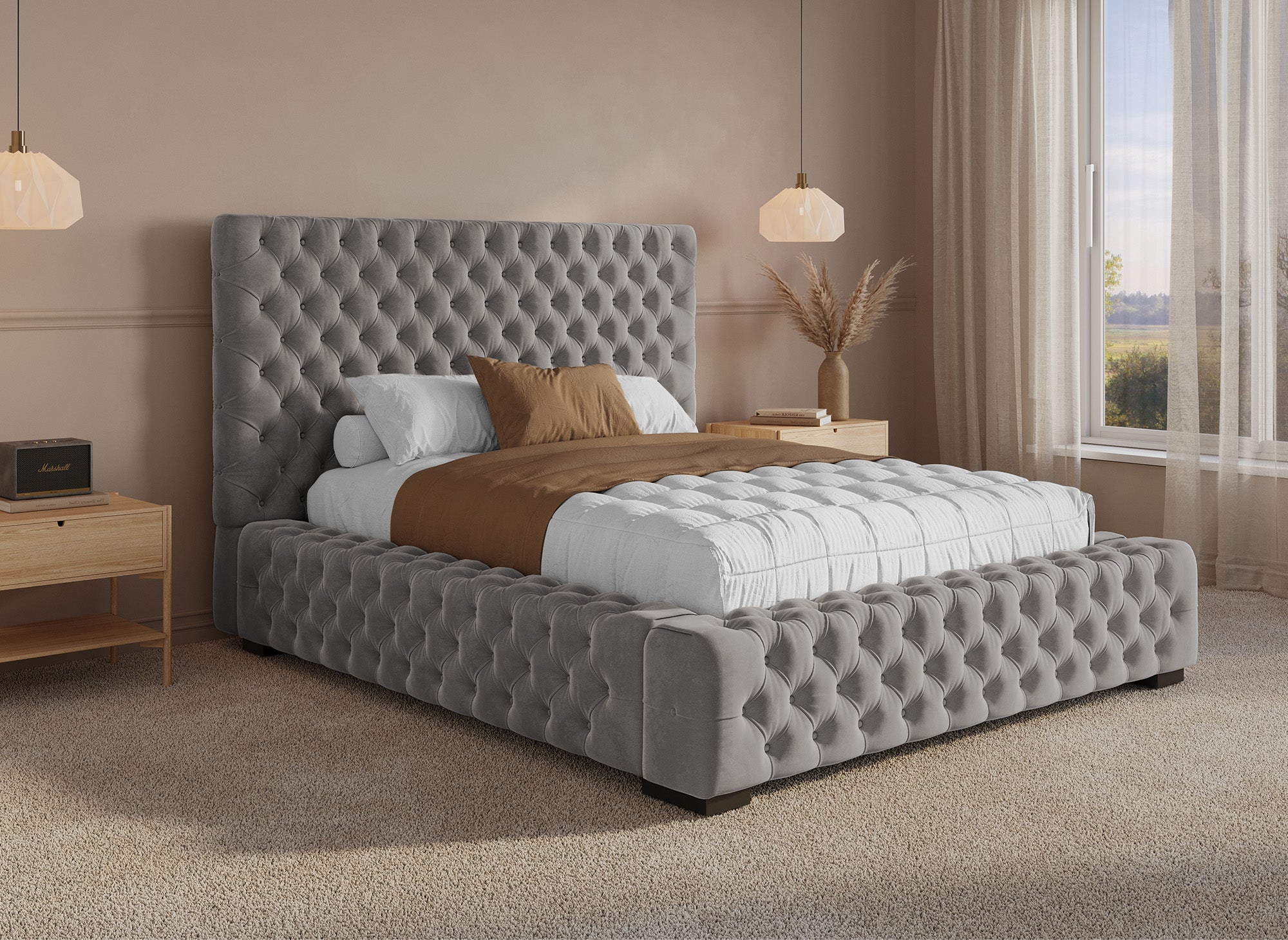 Cama tapizada con almacenaje IDALINE de 140 x 190 cm en terciopelo gris
