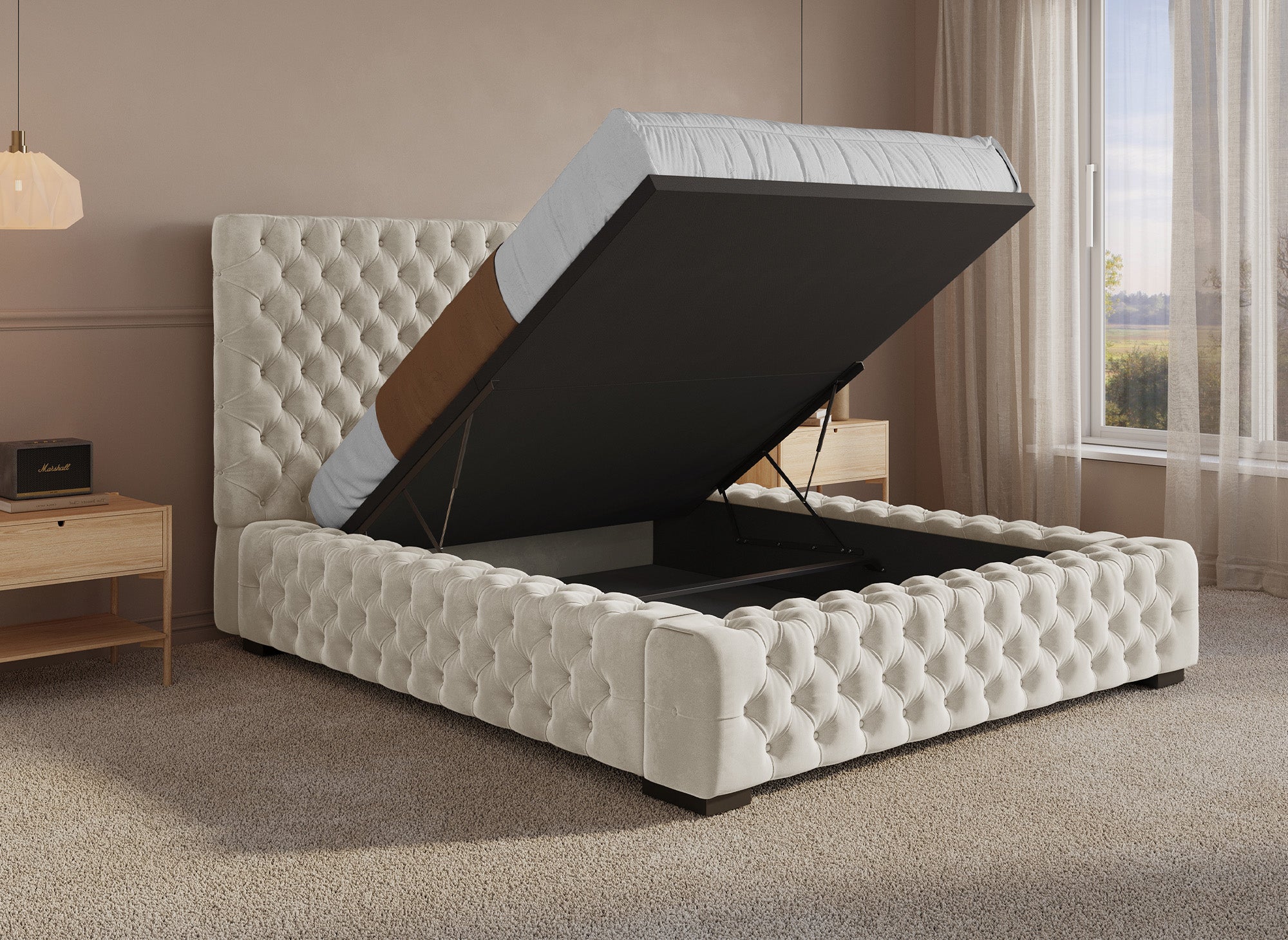 Cama con almacenaje tapizada IDALINE de 140 x 190 cm en terciopelo beige