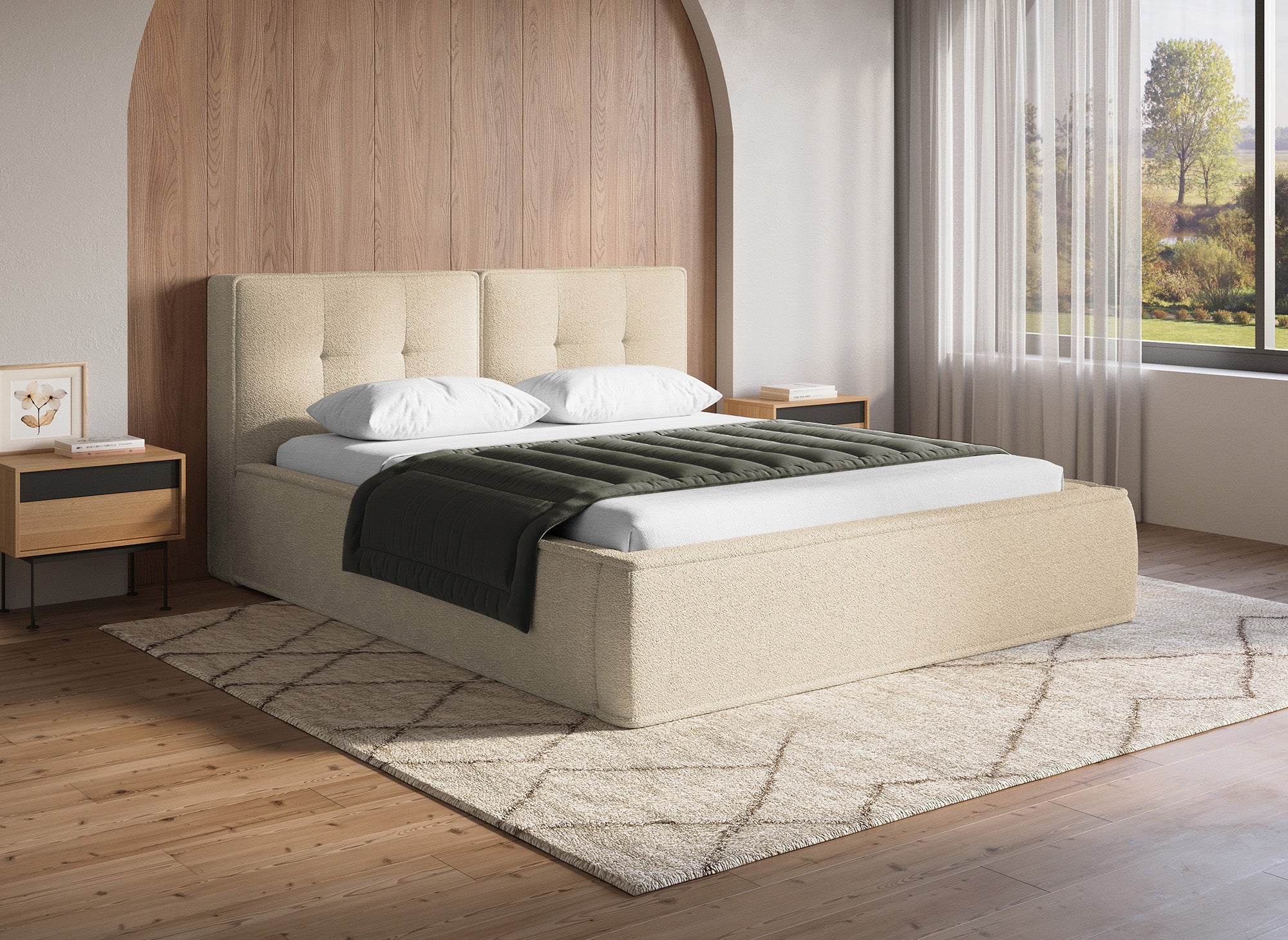 YUNA Cama contenedor de tela bouclé beige 140x190 cm