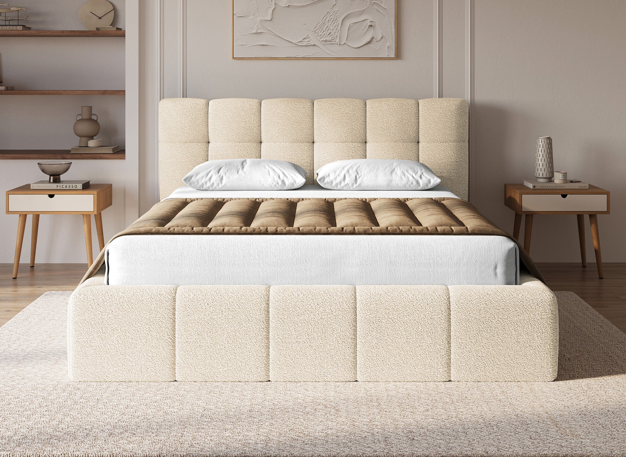 Cama contenedor de tela bouclé beige MILIE 180x200 cm