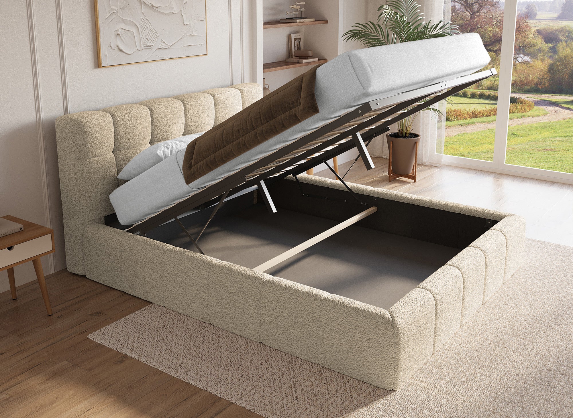 Cama contenedor de tela bouclé beige MILIE 180x200 cm