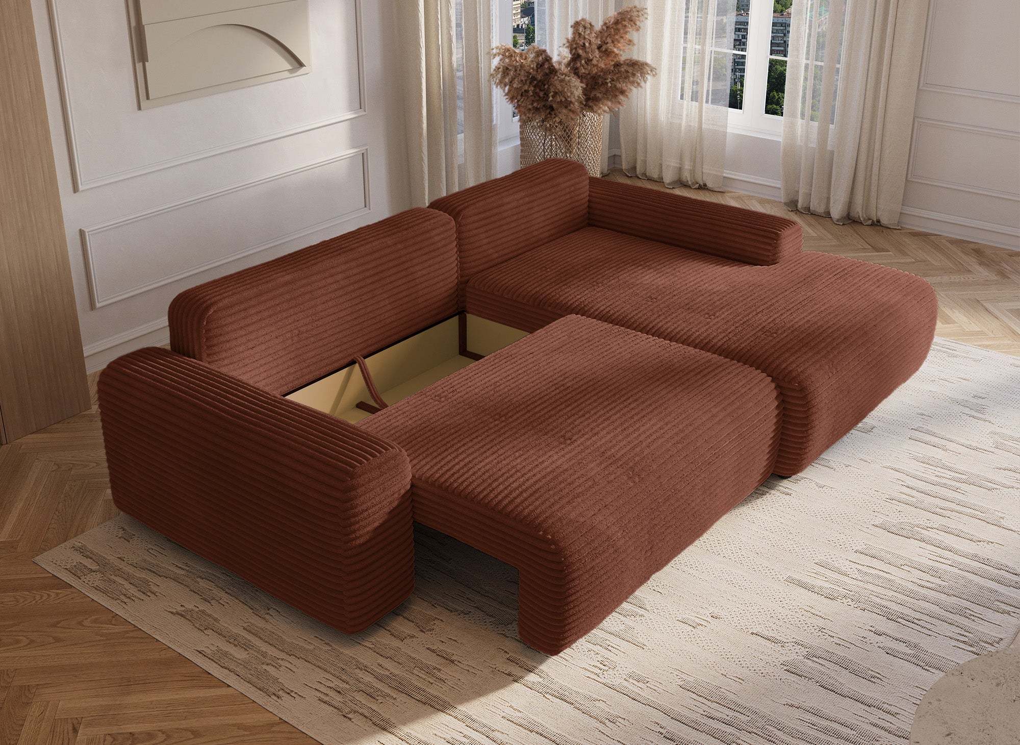 Sofá cama esquinero derecho BALI con almacenaje en pana gruesa color terracota - Esquinero derecho