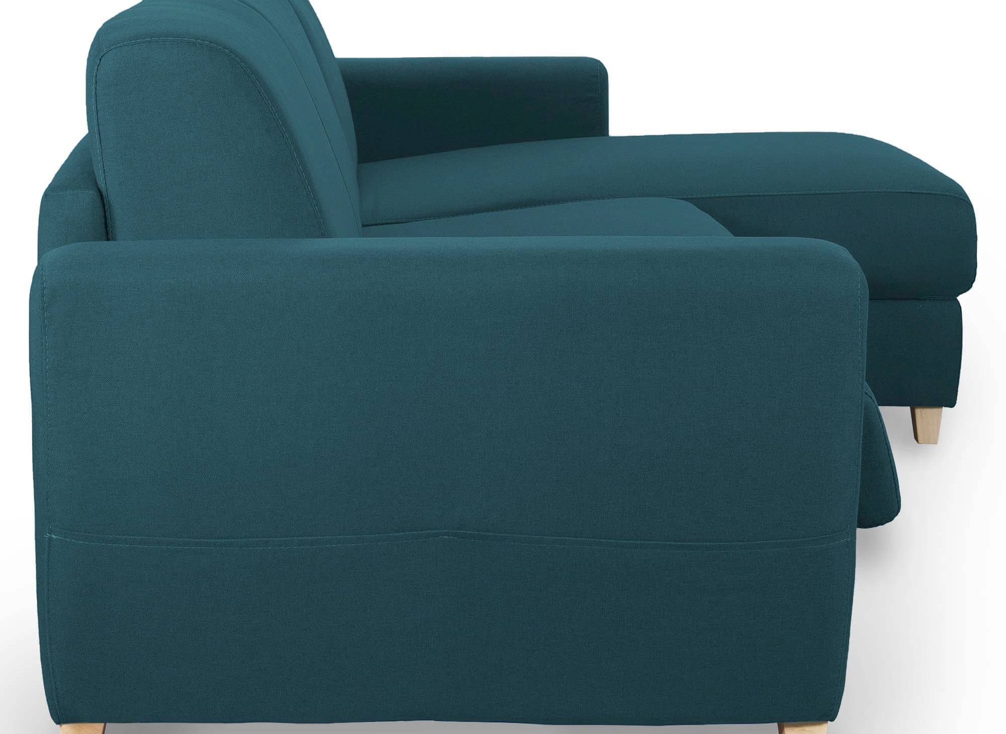 Sofá cama esquinero reversible escandinavo TOBIAS en tela azul petróleo