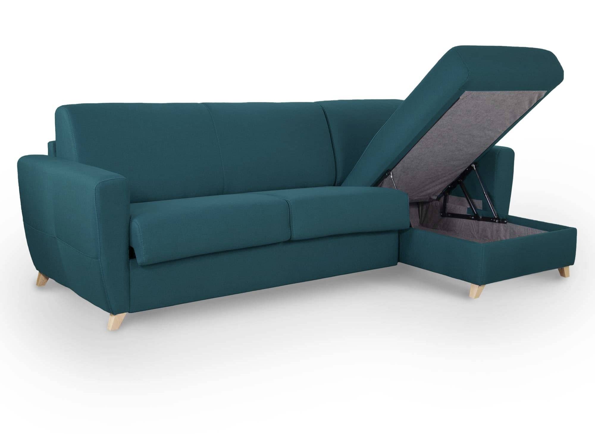 Sofá cama esquinero reversible escandinavo TOBIAS en tela azul petróleo