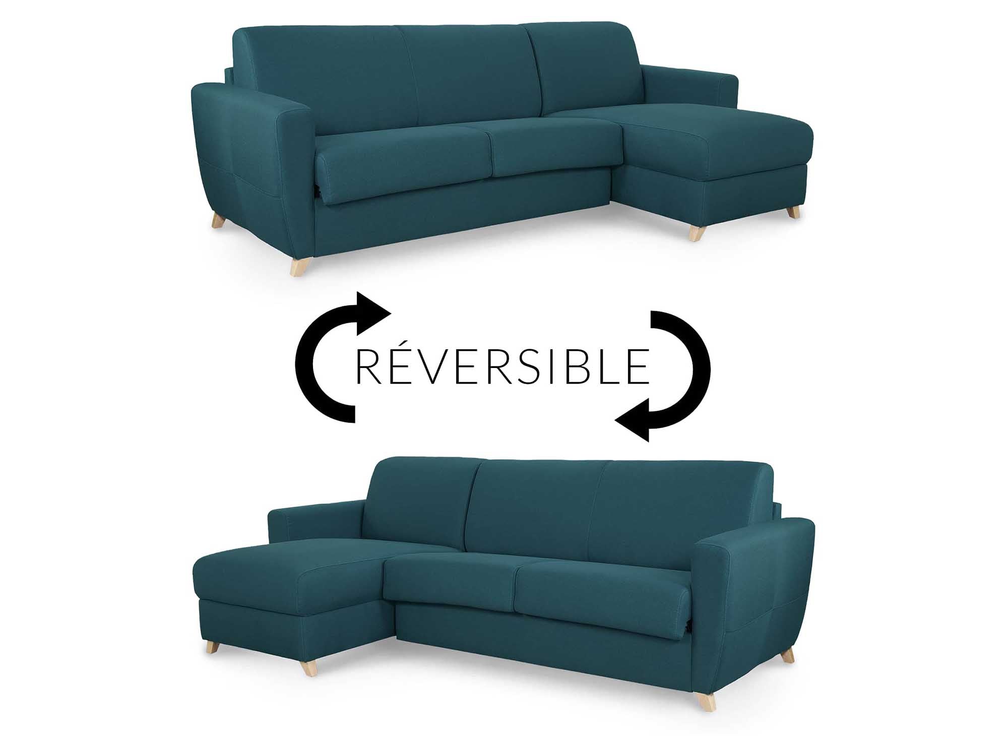 Sofá cama esquinero reversible escandinavo TOBIAS en tela azul petróleo