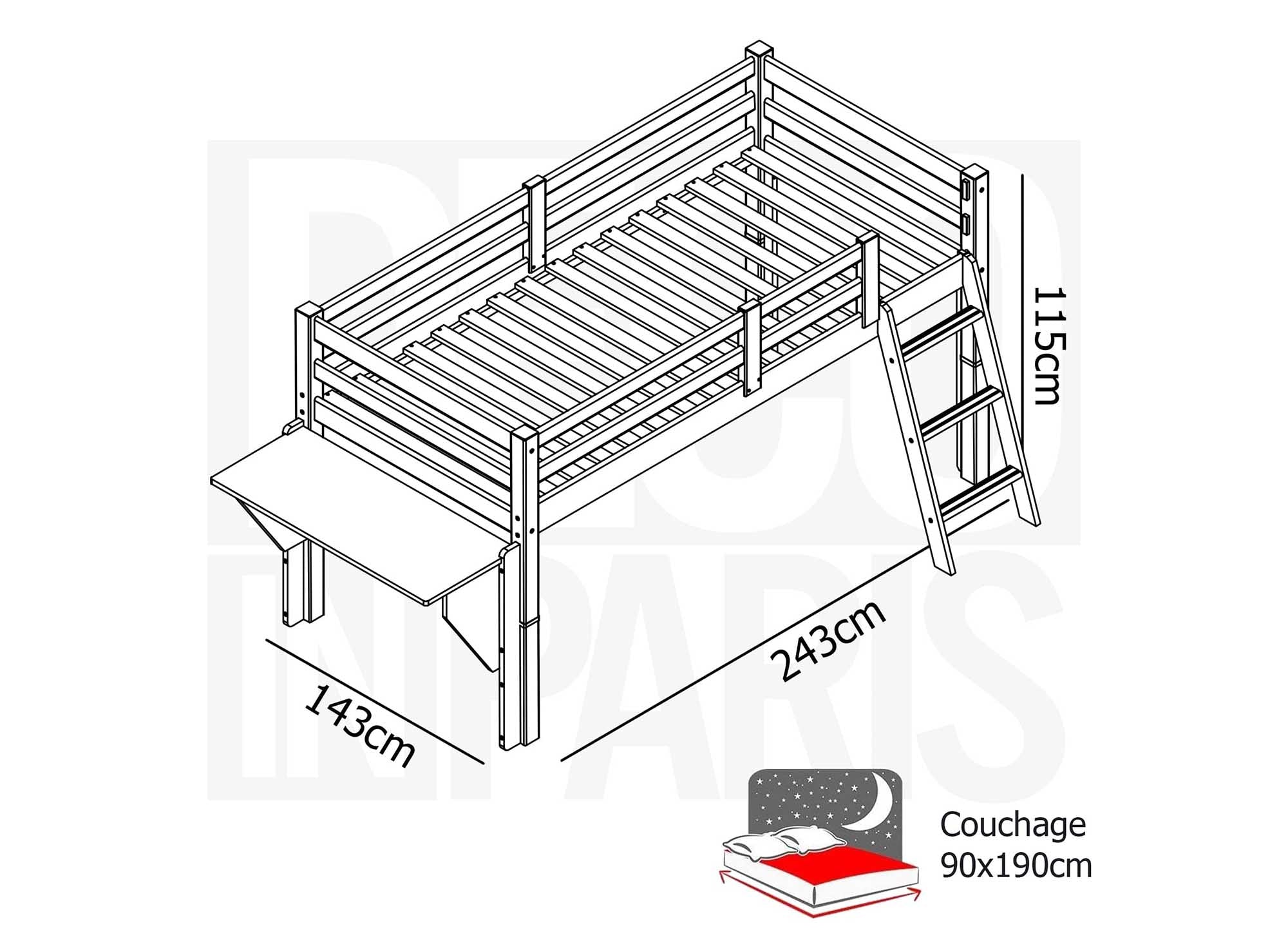 Cama alta tipo altillo ARMAND de 90 x 190 cm en madera y blanco