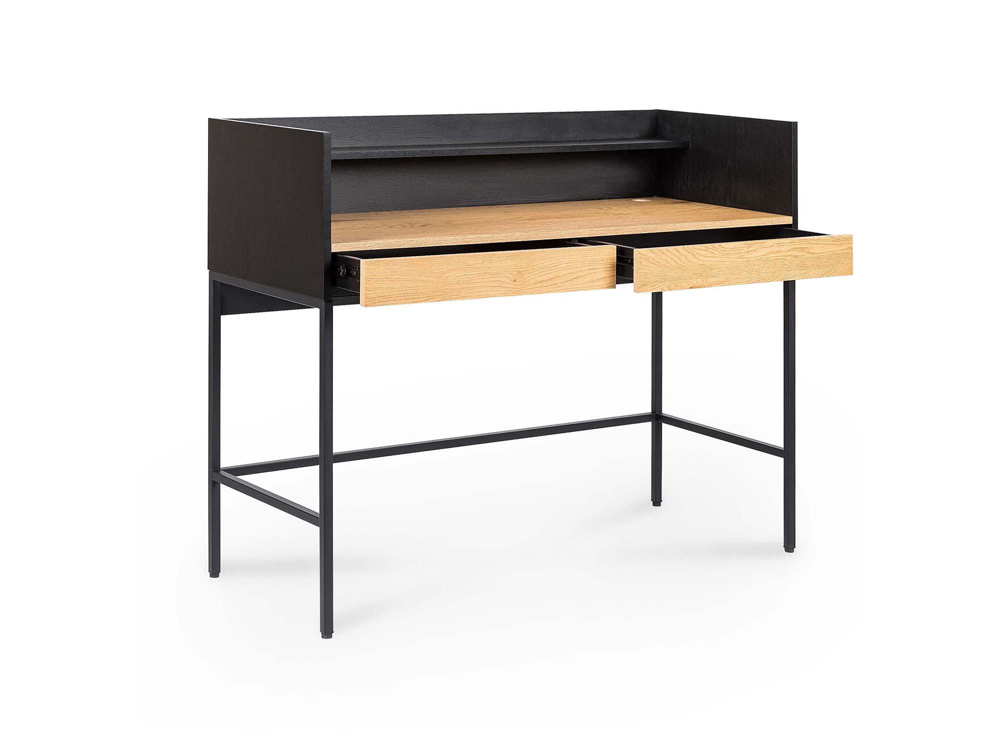 Escritorio ALICE de estilo industrial con 2 cajones y 1 estante, fabricado en madera y metal.