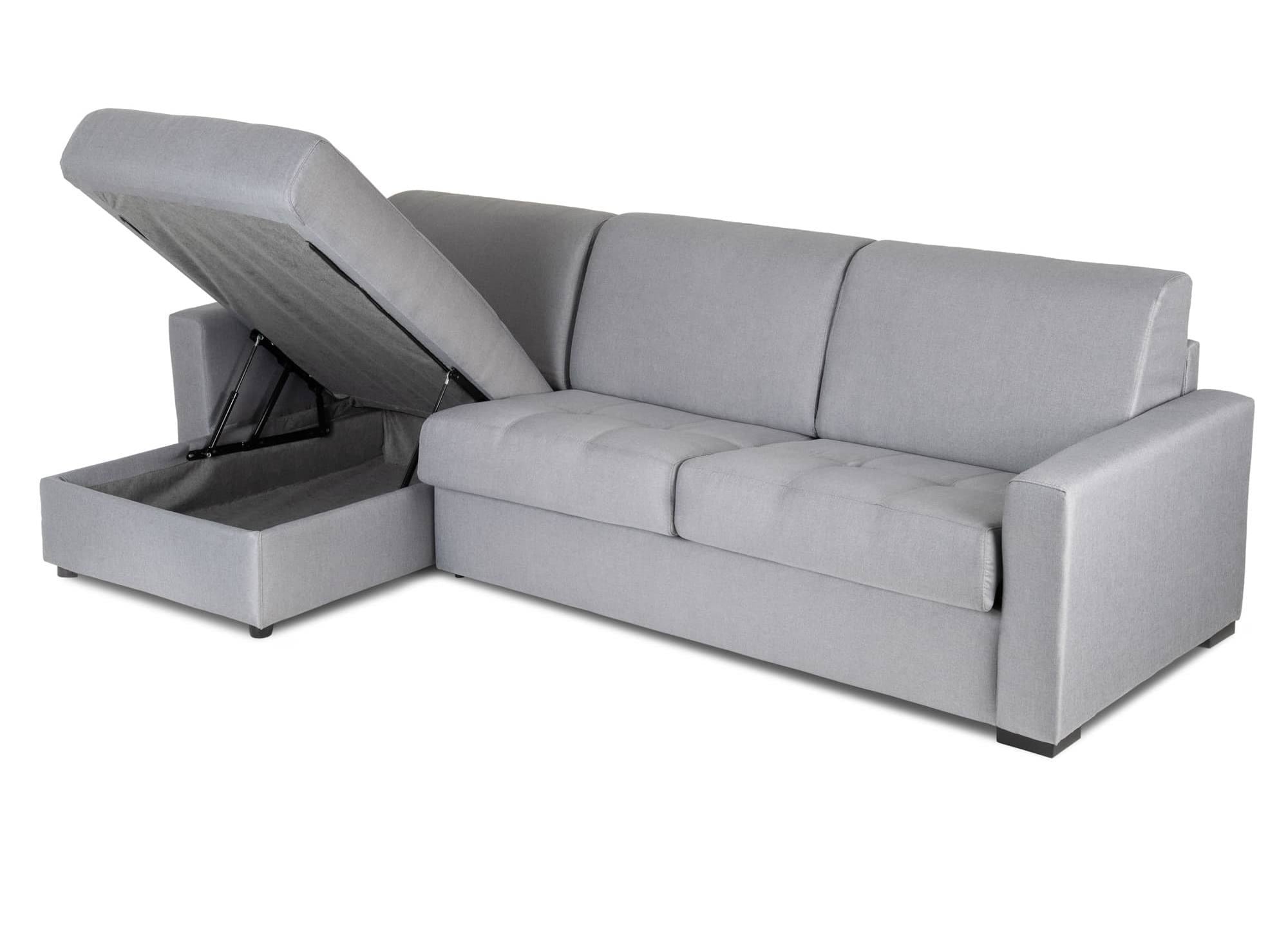 Sofá cama esquinero reversible LOUNA en tela gris con compartimento de almacenamiento