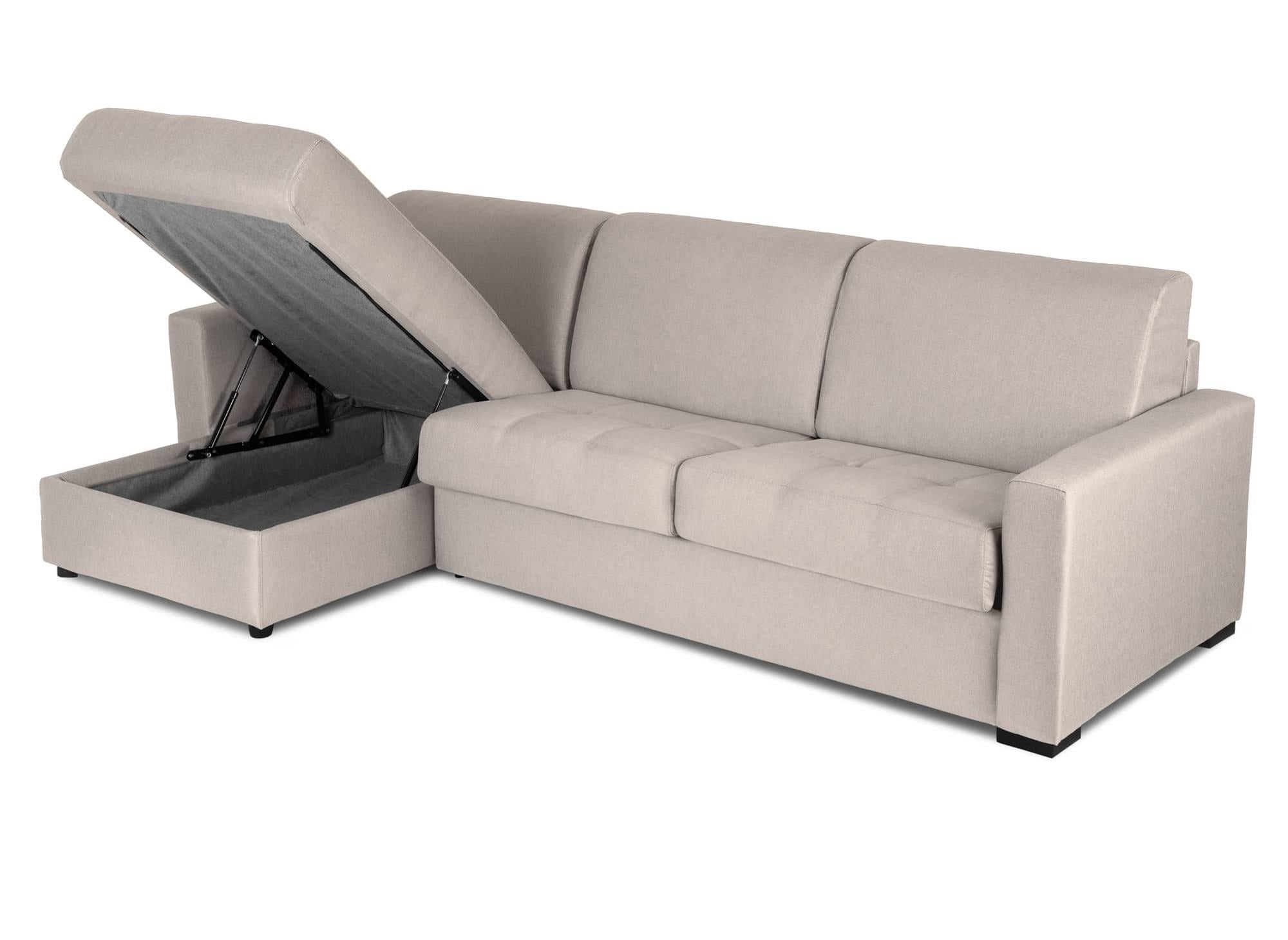 Sofá cama esquinero reversible LOUNA en tela beige con compartimento de almacenamiento