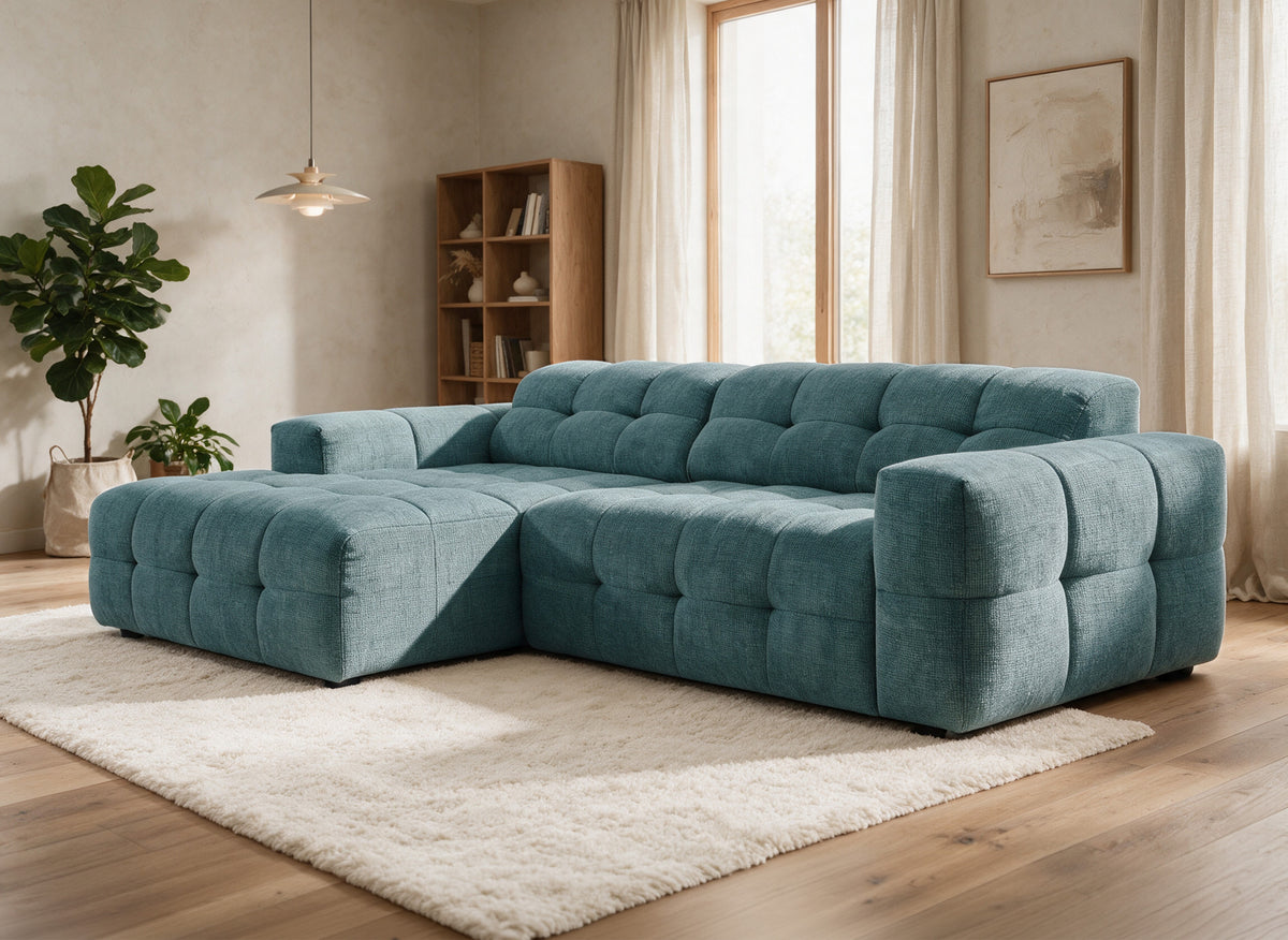 Canapé d'angle relax électrique en velours texturé bleu FEDORA - Angle gauche